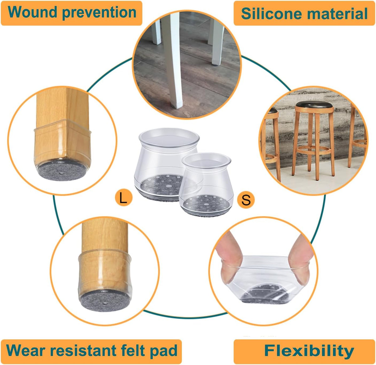 32 Pcs Chair Leg Protectors for Hardwood Floors, OASMU Silicone Felt Furniture Pads for Scratch and