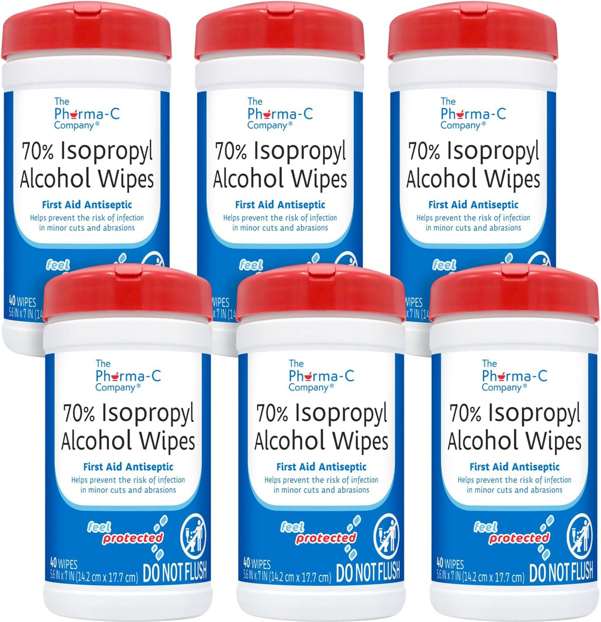 The Pharma-C Company -70% Isopropyl Alcohol Wipes [6 pack - 40ct Canisters] - Bulk IPA First Aid