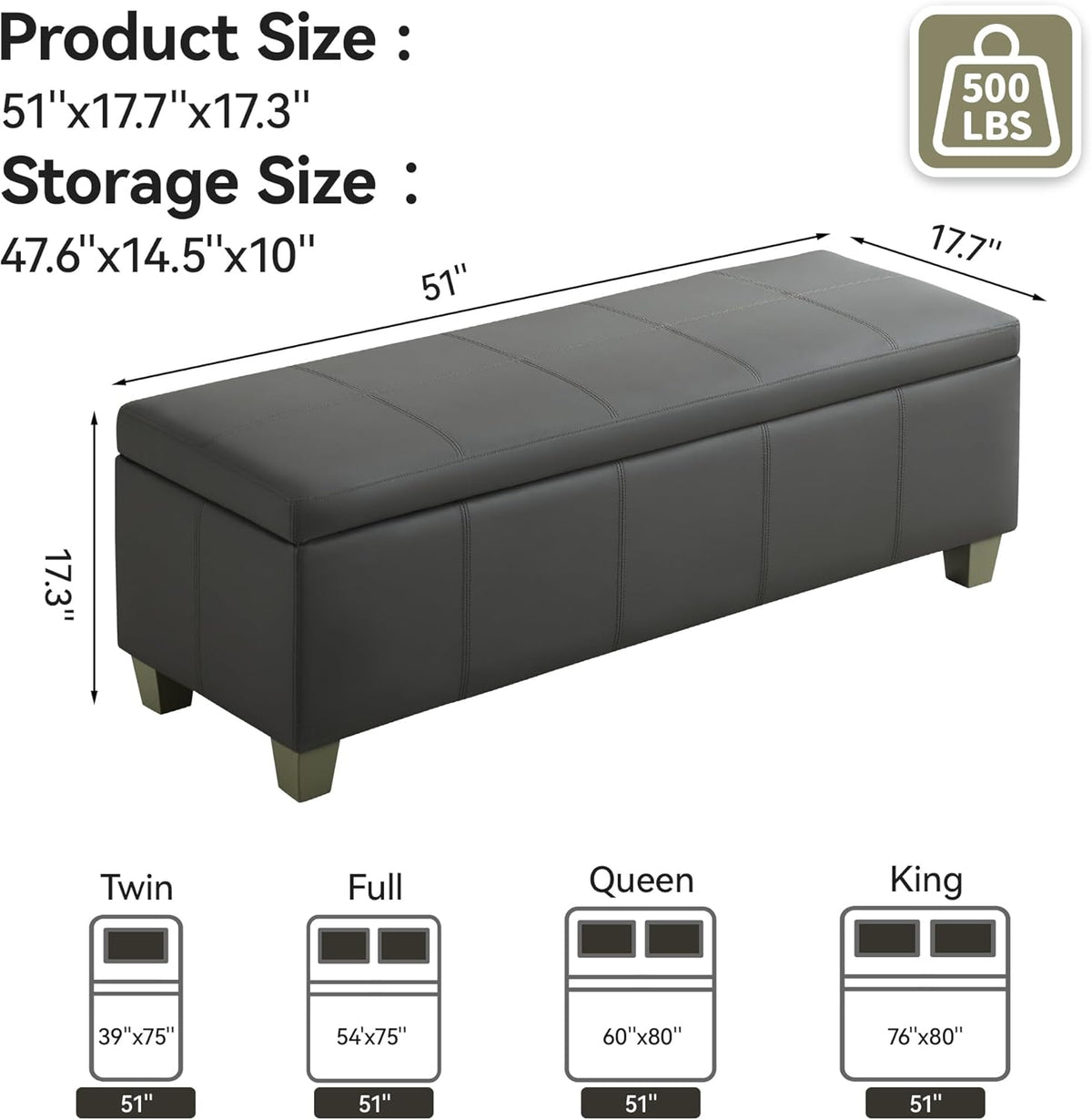 51" Faux Leather Storage Ottoman, Stitch Tufted Rectangle Upholstered End of Bed Storage Bench