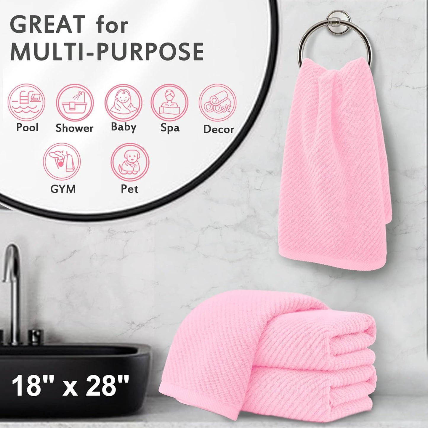 VOOVA & MOVAS Pink Bathroom Hand Towels Set of 4, Large 18" x 28" - 100% Cotton | Quick Dry | Light