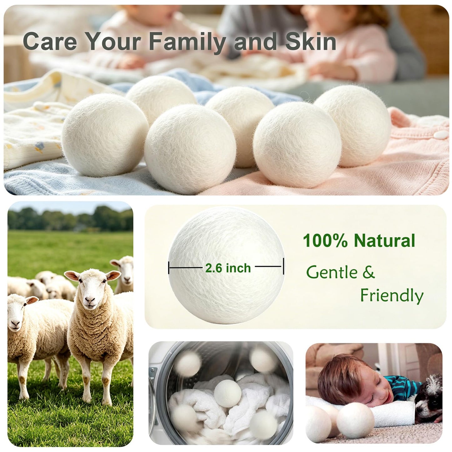 LEVIBASIC Wool Dryer Balls 6 Pack, 100% New Zealand Wool to Core