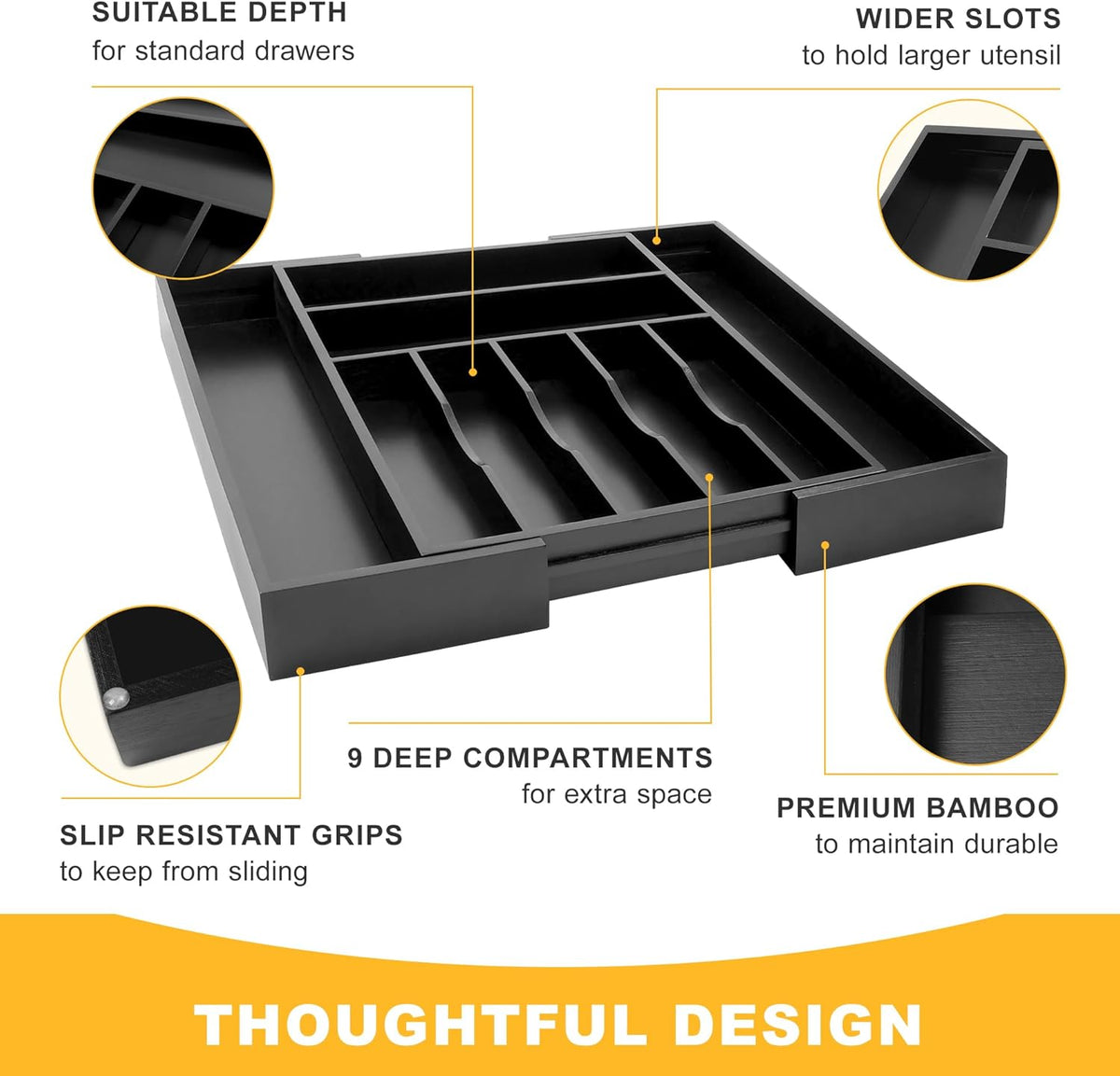Large Premium Bamboo Silverware Organizer - Expandable Drawer Organizer & Utensil Organizer