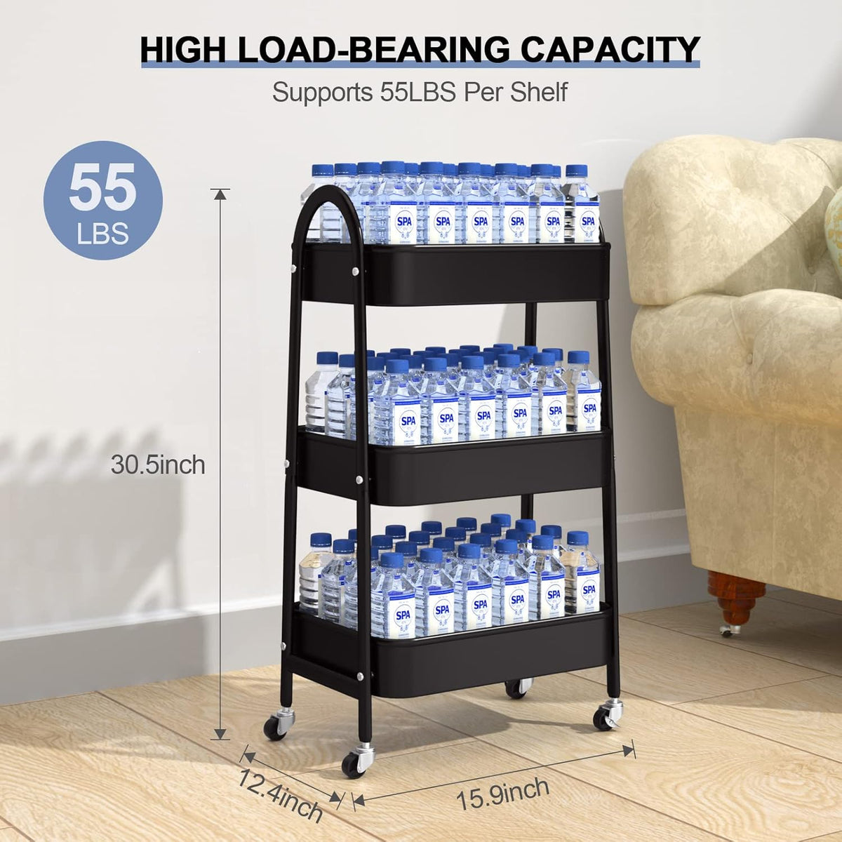 EAGMAK 3 Tier Utility Rolling Cart, Metal Storage Cart with Handle and Lockable Wheels