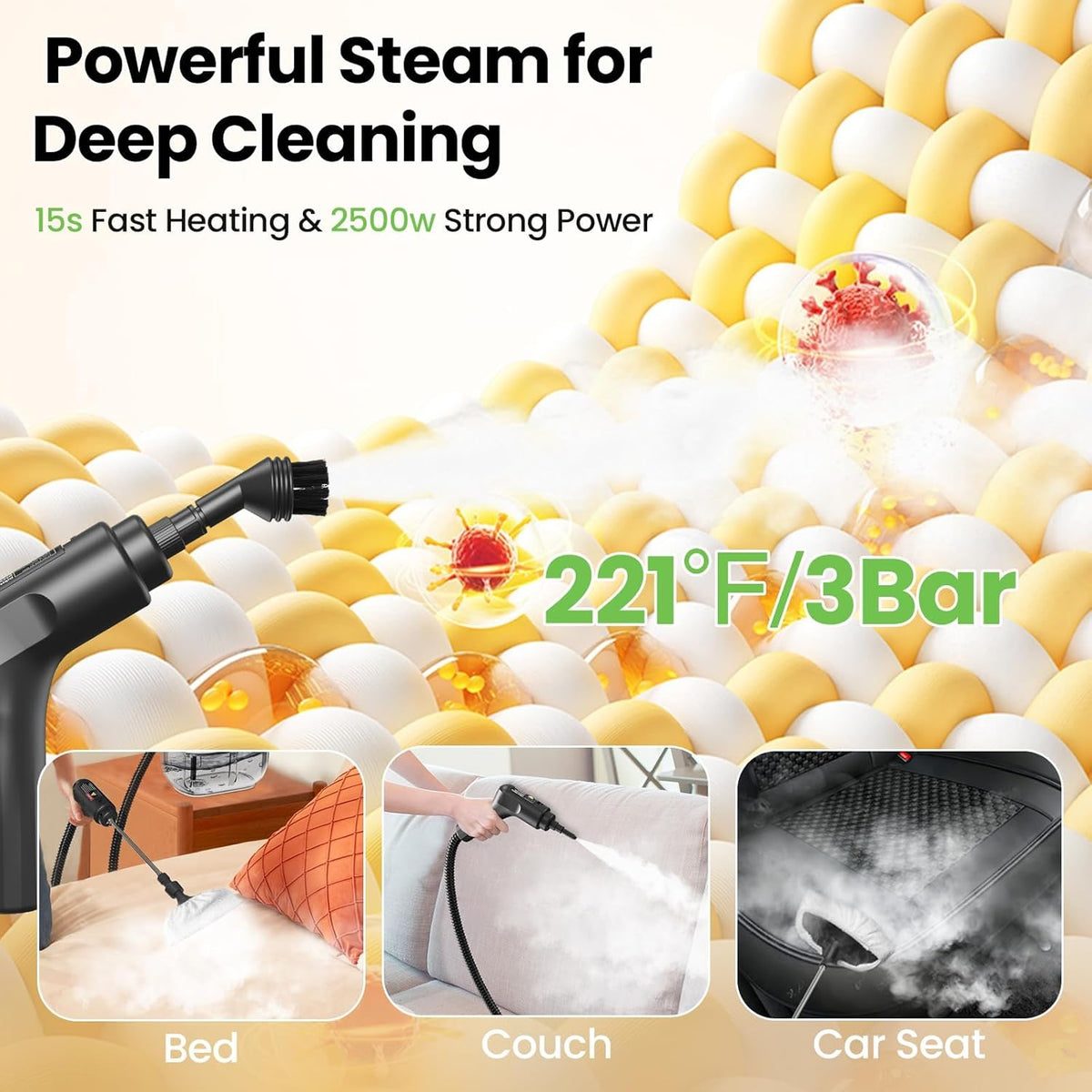 Handheld Steam Cleaner for Home, 2500W High Pressure Steam Cleaner for Car Detailing, 3 Steam