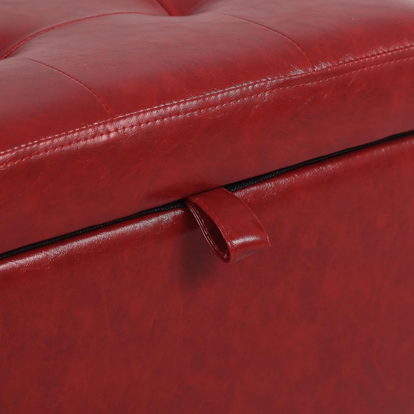 Adeco Faux Leather Storage Ottoman with Hinged Lid, 14 Inch High Red Square Cube Foot Stool with