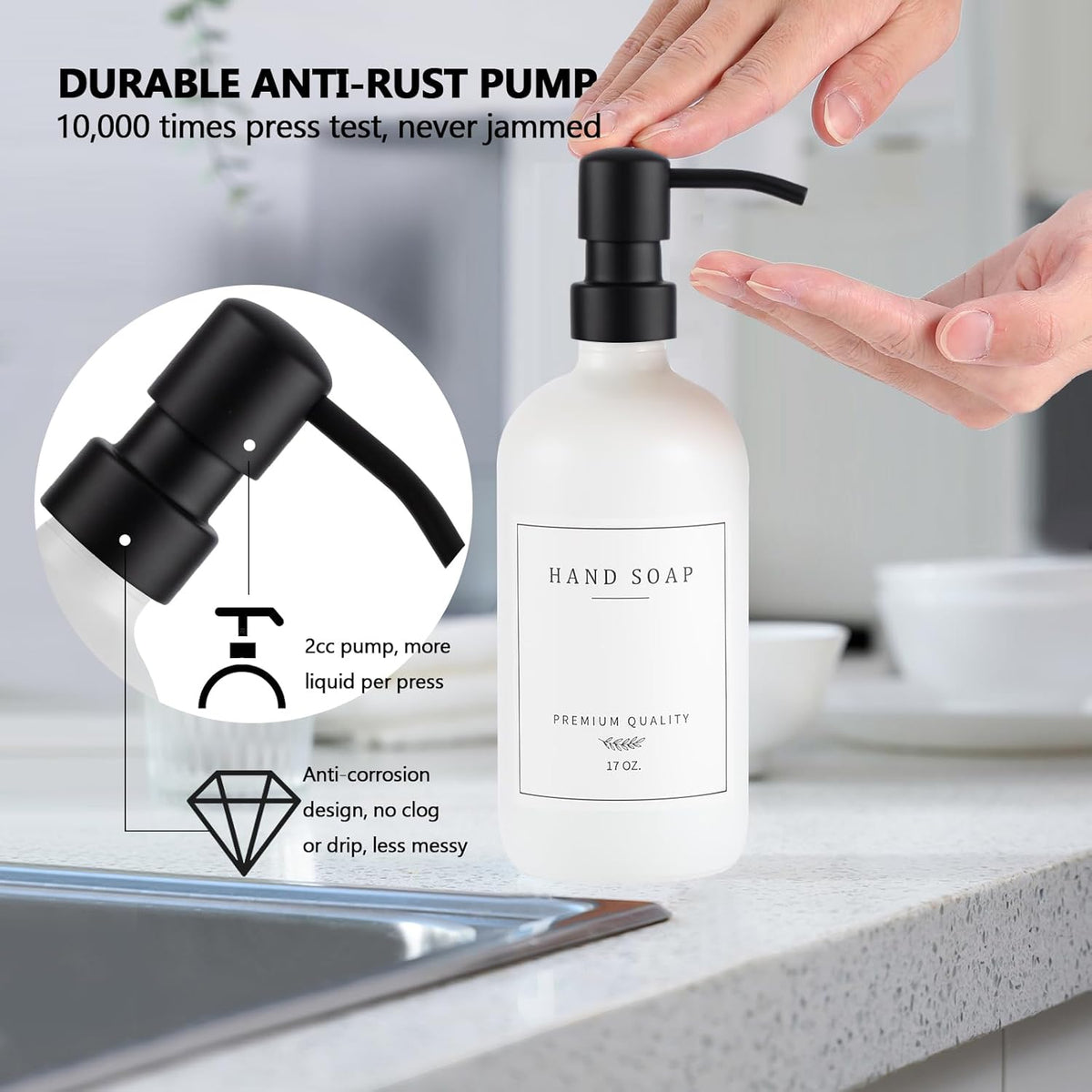 Thick Glass Soap Dispenser - Kitchen Dish Hand Soap Dispenser Set,Rustproof Pump Soap Lotion