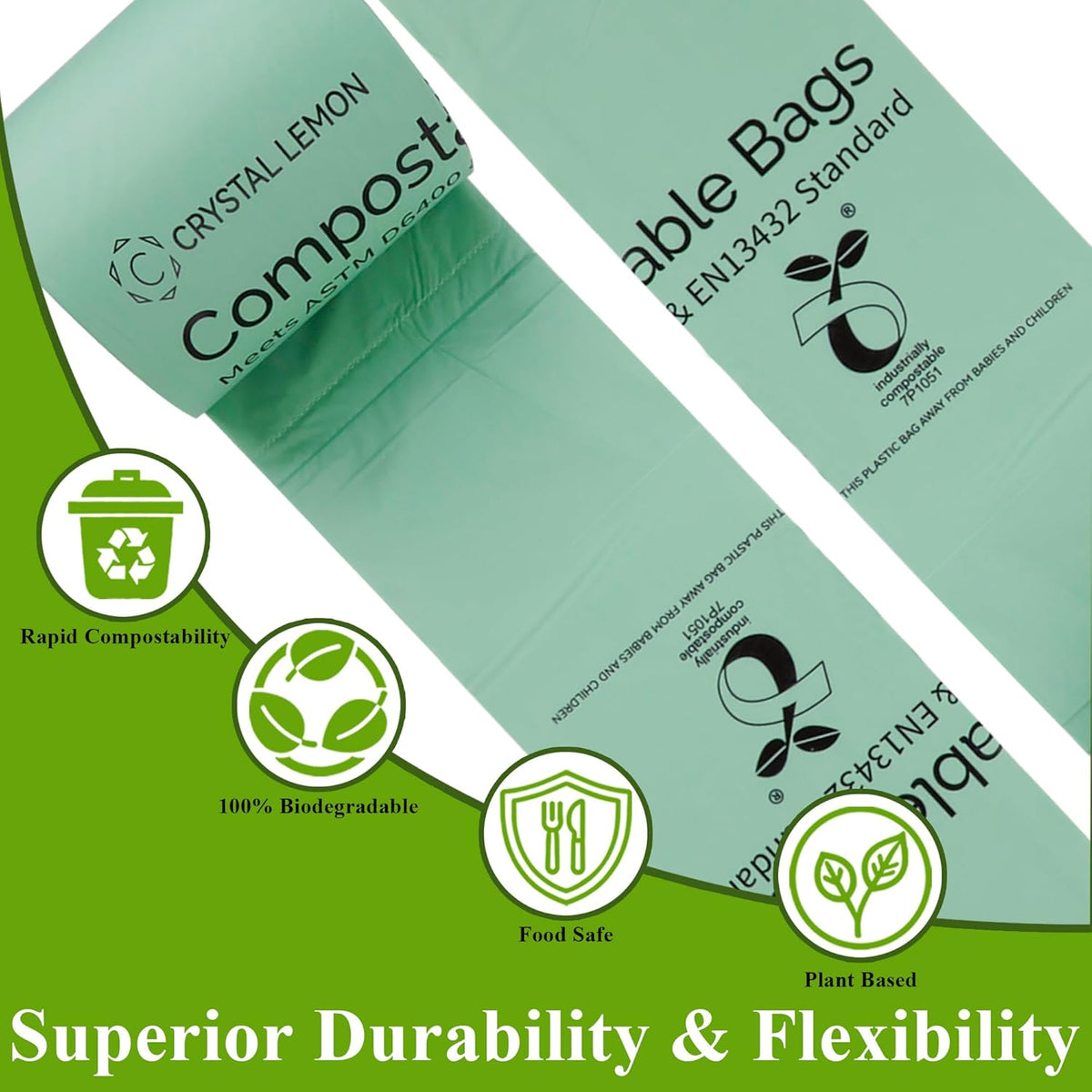 Crystal Lemon 30-Count Biodegradable 6 Gallon Bags, Heavy Duty and Unscented – Ideal for Kitchen