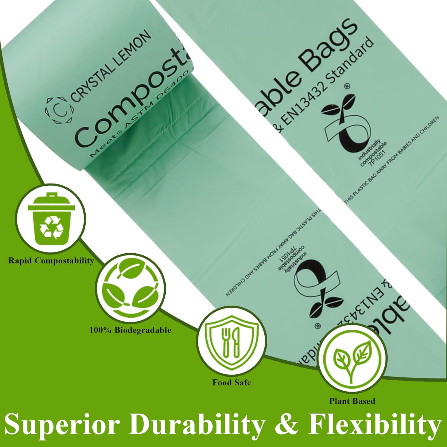 C Crystal Lemon 50 Count Biodegradable Kitchen Food Waste Bags - 6 Gallon Scraps Bags - Heavy Duty