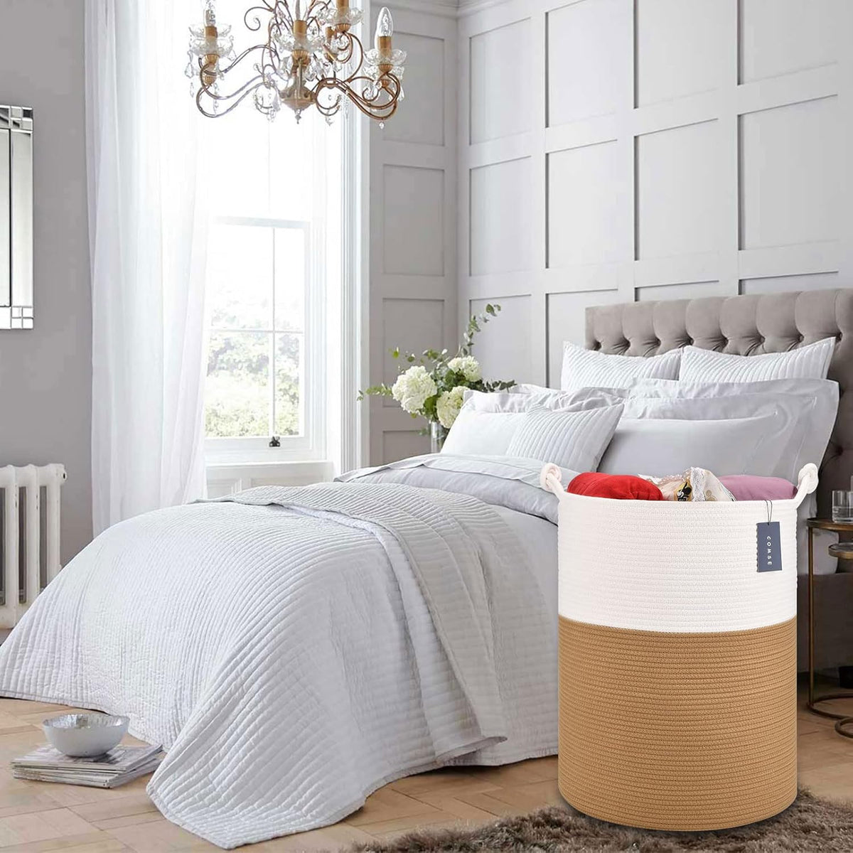 COMSE Extra Large Blanket Basket, Tall Woven Storage Basket, Nursery Hamper, 15.7”x 21.7”, Cotton