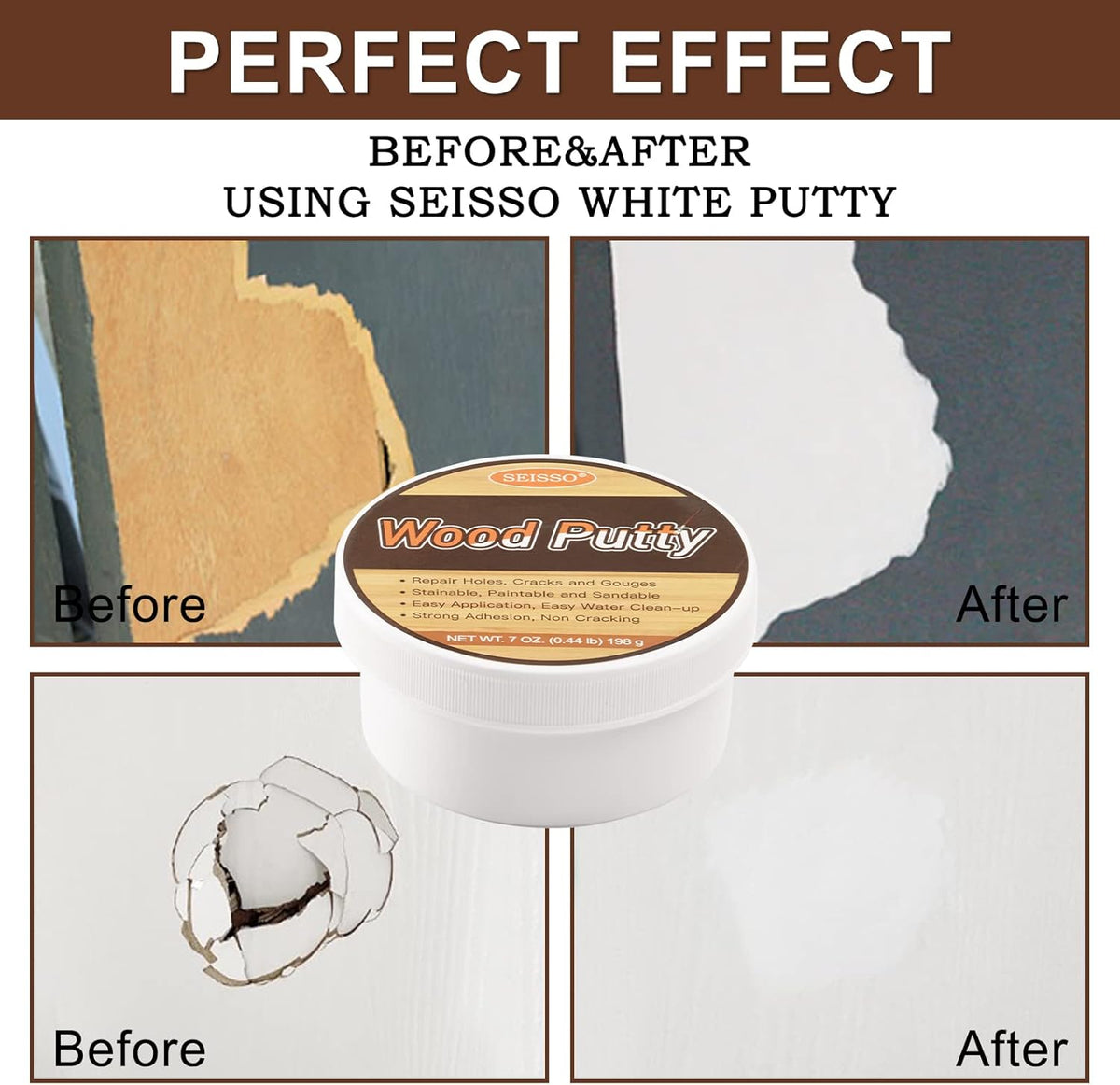 SEISSO Wood Putty, Water-Based Woods Filler, White Wooden Putty for Trim, Woods Filler Paintable