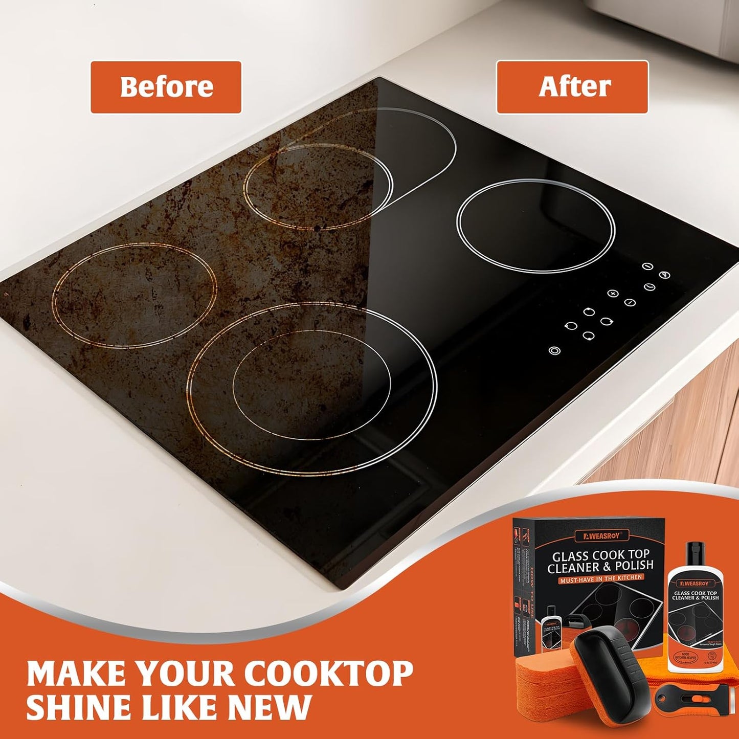 Glass Stove Top Cleaner Kit 12 oz, Cooktop Cleaner and Polish Non-Abrasive No Scratch Removes Tough