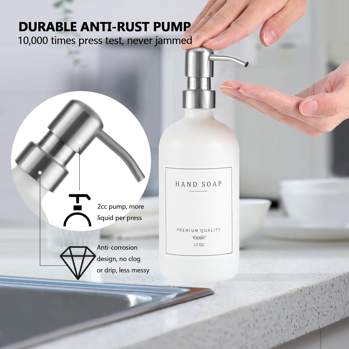 Thick Glass Soap Dispenser - Kitchen Dish Hand Soap Dispenser Set, Rustproof Pump Soap Lotion