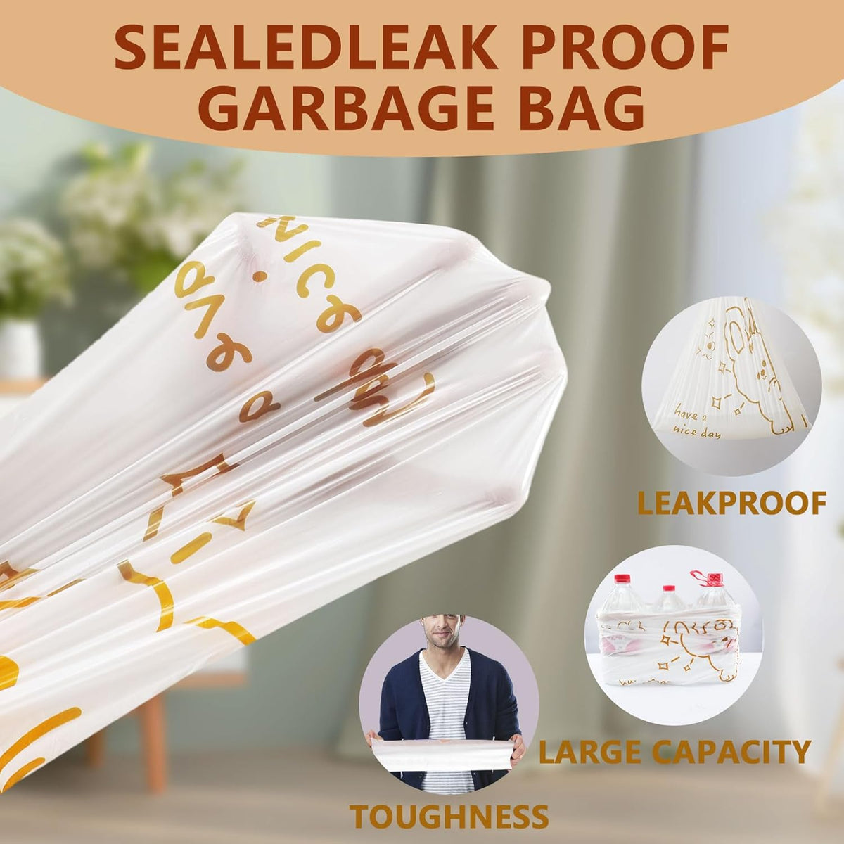 4 Gallon Trash Bags with Cute Rabbit Printed & Drawstring, Tear-Resistant Small Bathroom Garbage