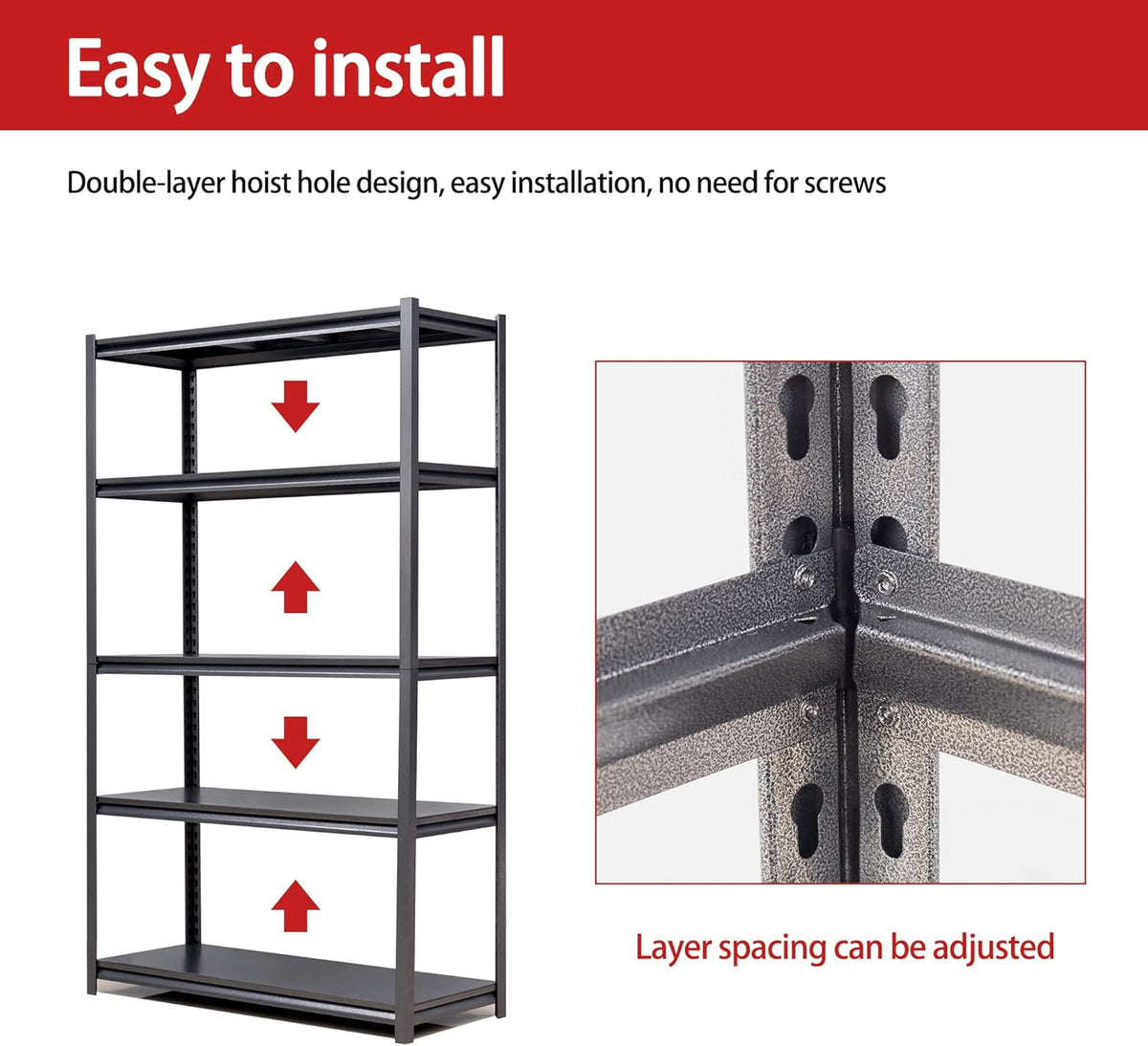 72" H Garage Shelving, Metal Storage Shelves, Adjustable 5 Tier Storage Rack, Heavy Duty Shelving