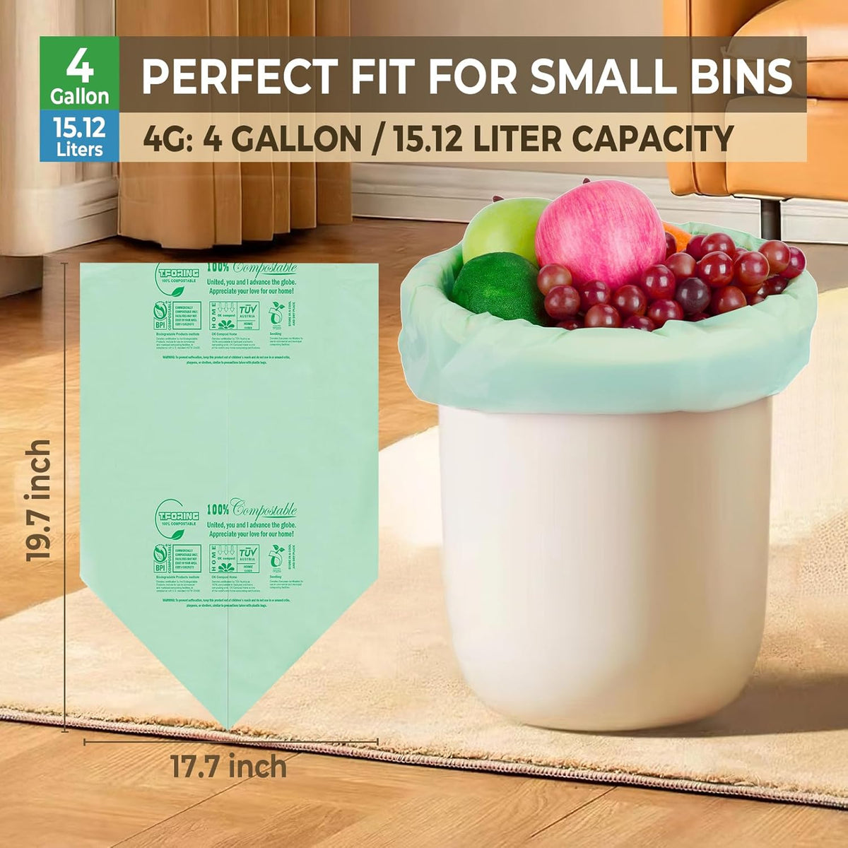 Compostable Trash Bags, 3-4 Gallon, 15 L, Extra Thick 0.8 Mil, Small Kitchen Food Scrap Waste Bags