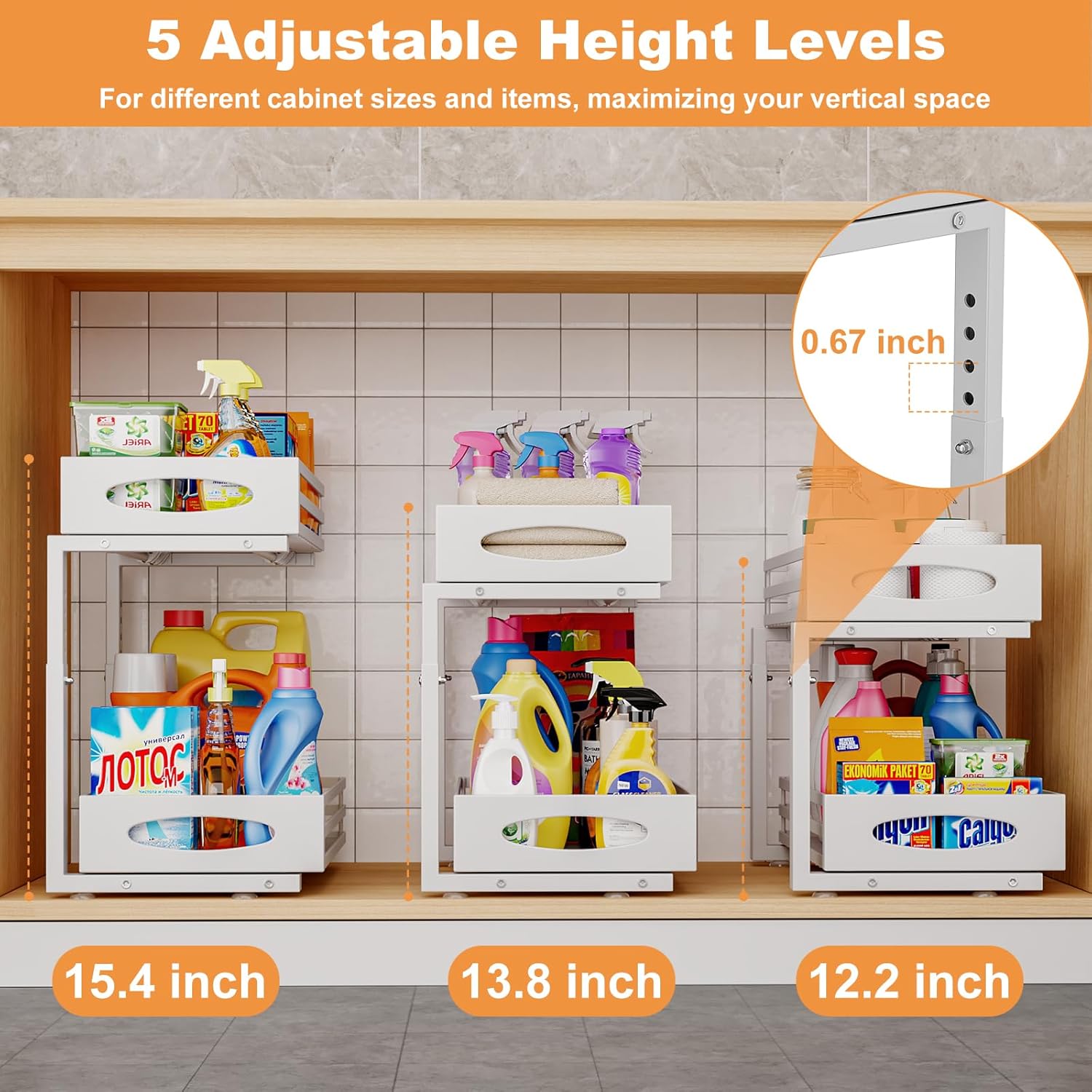 Under Sink Organizer, 2 Tier Under Sink Organizers and Storage, Adjustable Height, Slide out Metal