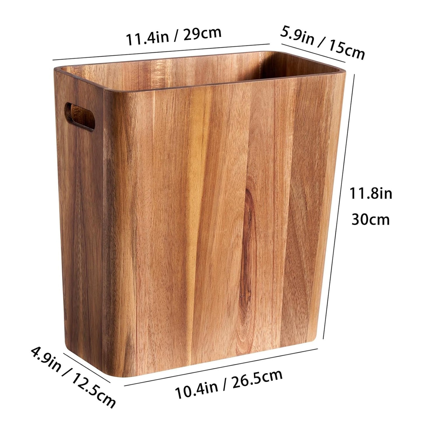 3 Gallons Wooden Wastebaskets, Solid Acacia Wood Waste Basket with Handles, Rectangular Trash Can