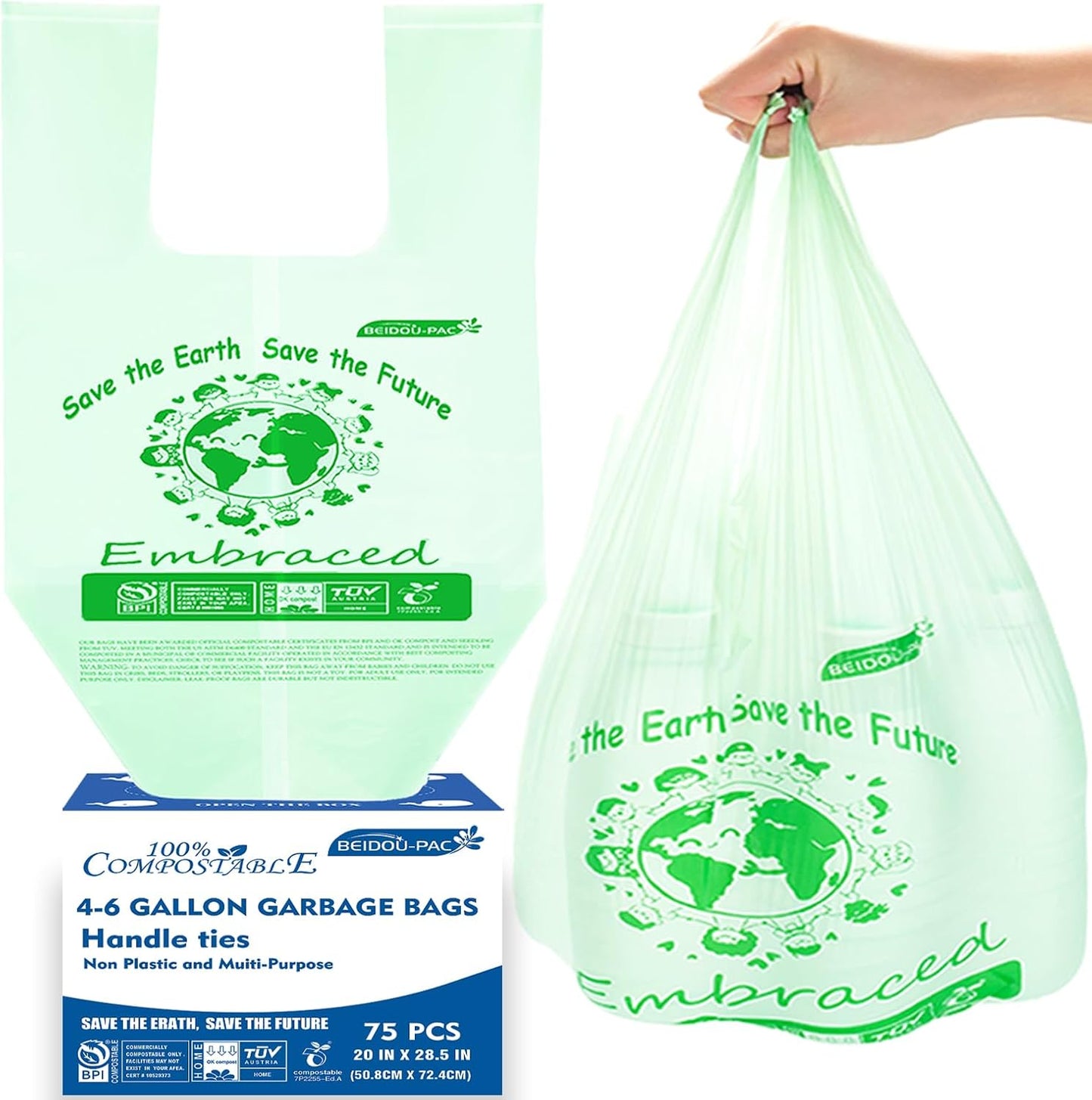 4-6 Gallon Compostable Trash Bags, 75 Count, Kitchen Compost Bags With Handle, Sturdy Biodegradable