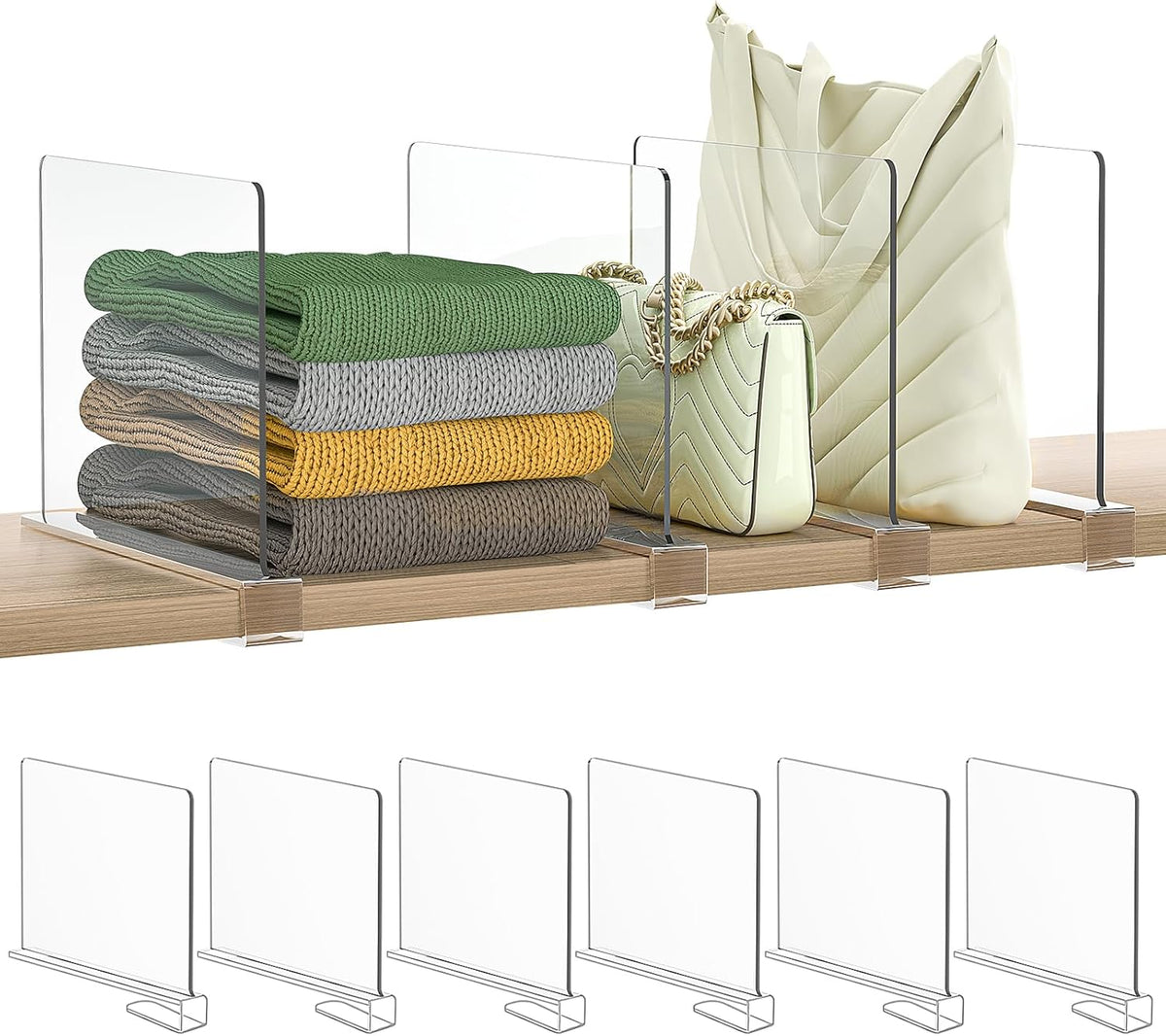 Shelf Dividers Purse Organizer for Closet: 6-Pack Acrylic Bag Storage Organizer for Handbags
