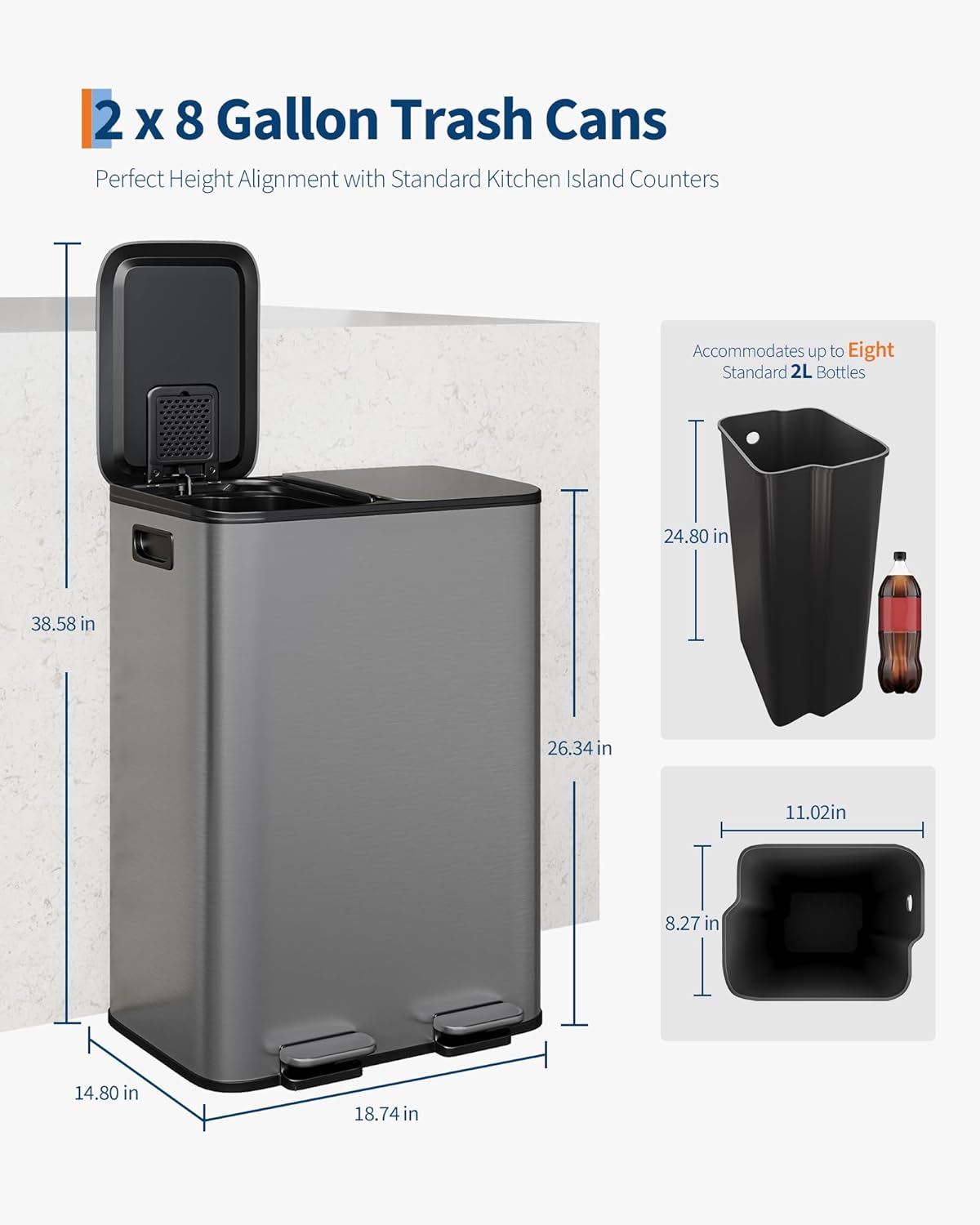 GarveeHome 2 x 8 Gallon Stainless Steel Double Trash Can with Lid for Kitchen, Large Dual Trash and