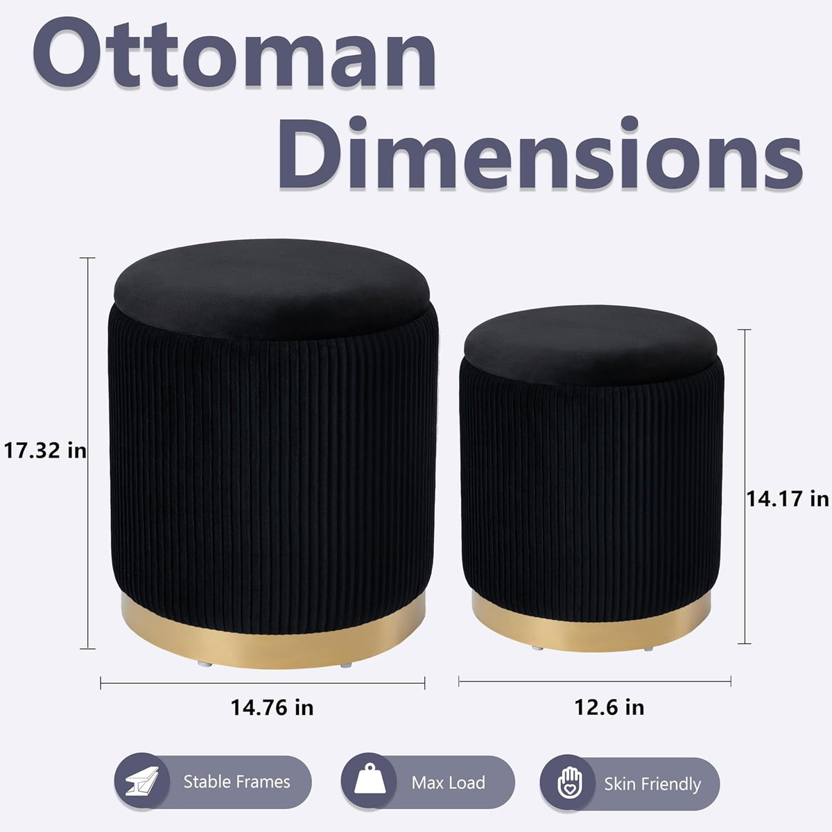 Royal Windsor Round Ottoman with Storage Set of 2, Vanity Stool with Storage for Bedroom, Ottoman