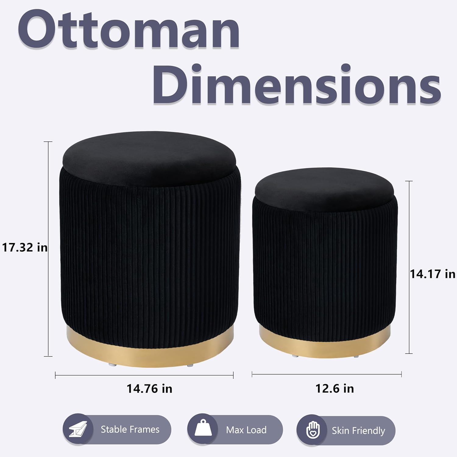 Royal Windsor Round Ottoman with Storage Set of 2, Vanity Stool with Storage for Bedroom, Ottoman
