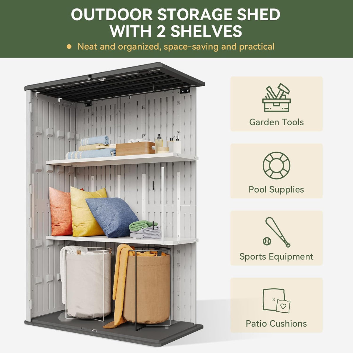 Aoxun 64 Cu.Ft Outdoor Storage Shed with Floor and 2 Shelves, Waterproof Horizontal Resin Cabinet
