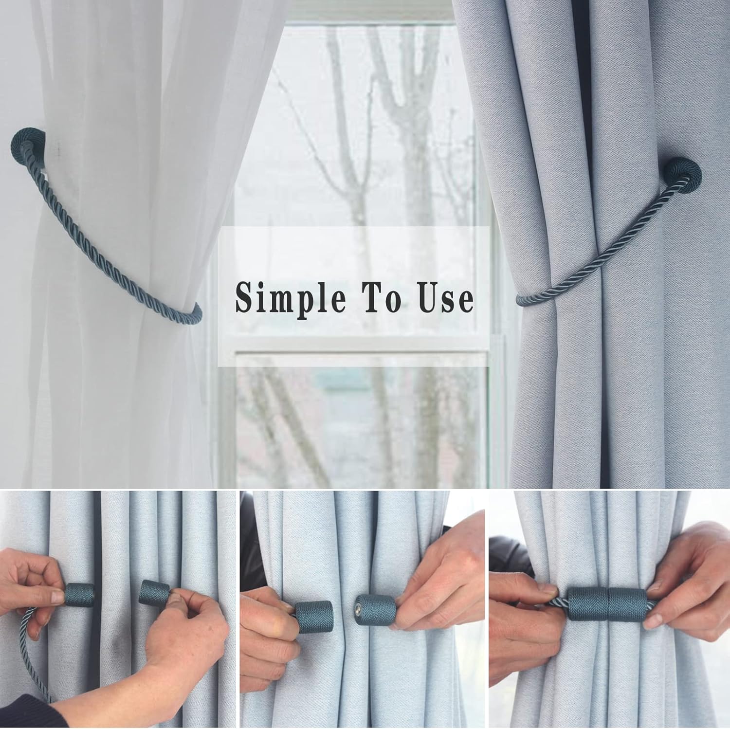 Magnetic Curtain Tiebacks 2 Pack Blue Curtain Rope Tieback Curtain Holders for Drapes Modern Tie