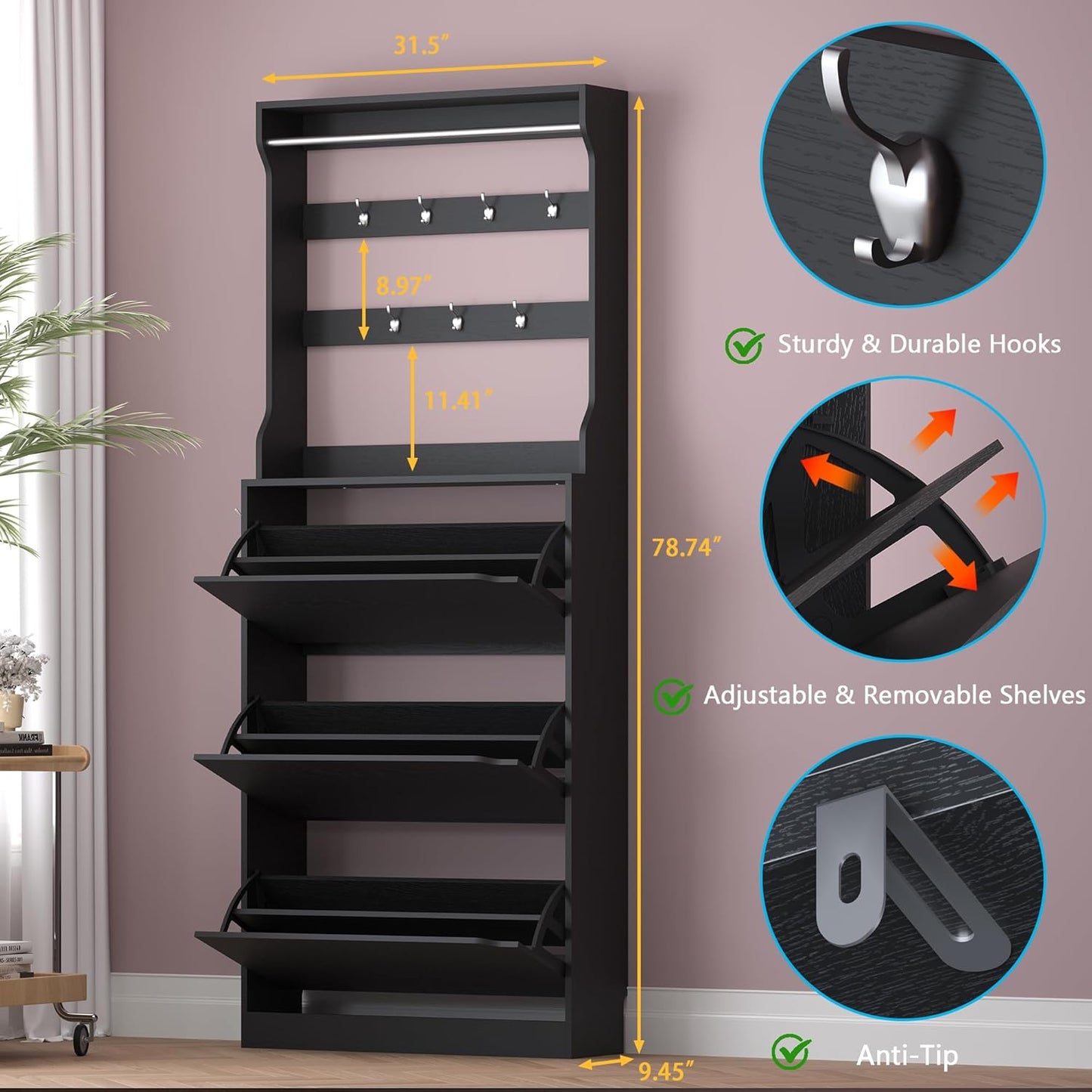 Shoe Cabinet with 3 Flip Drawers & Coat Rack, Narrow Hidden Shoe Storage Cabinet, 2-in-1 Hall Tree