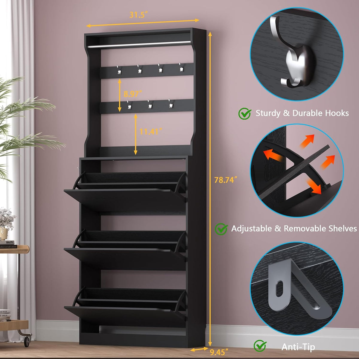 Shoe Cabinet with 3 Flip Drawers & Coat Rack, Narrow Hidden Shoe Storage Cabinet, 2-in-1 Hall Tree