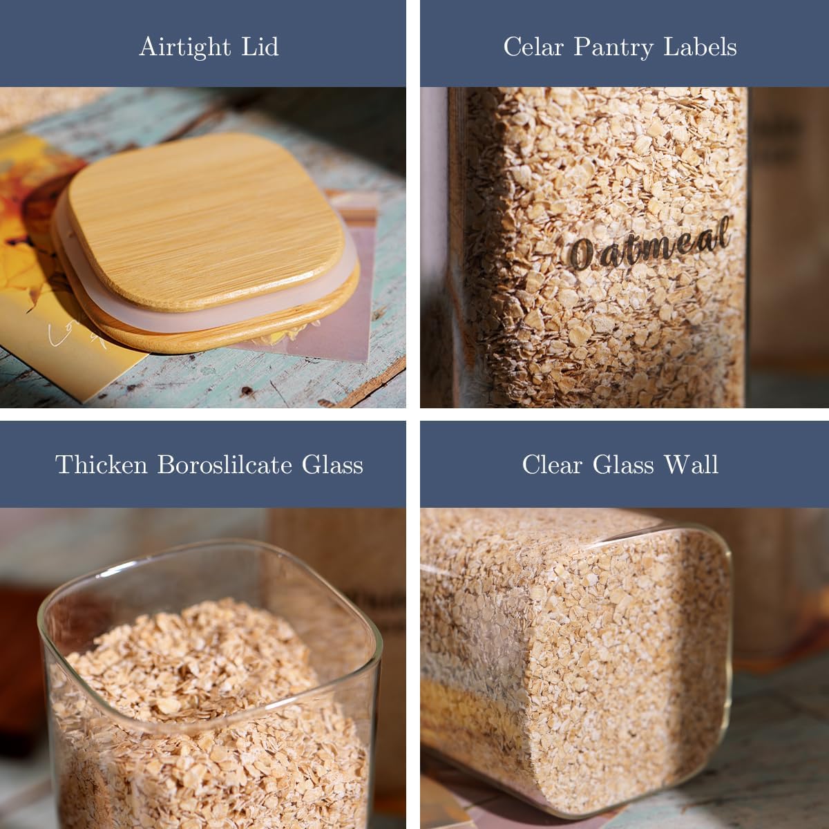 3 Pcs Square Glass Pantry Storage Containers with Bamboo Airtight Lid and 248 Clear Pantry Labels