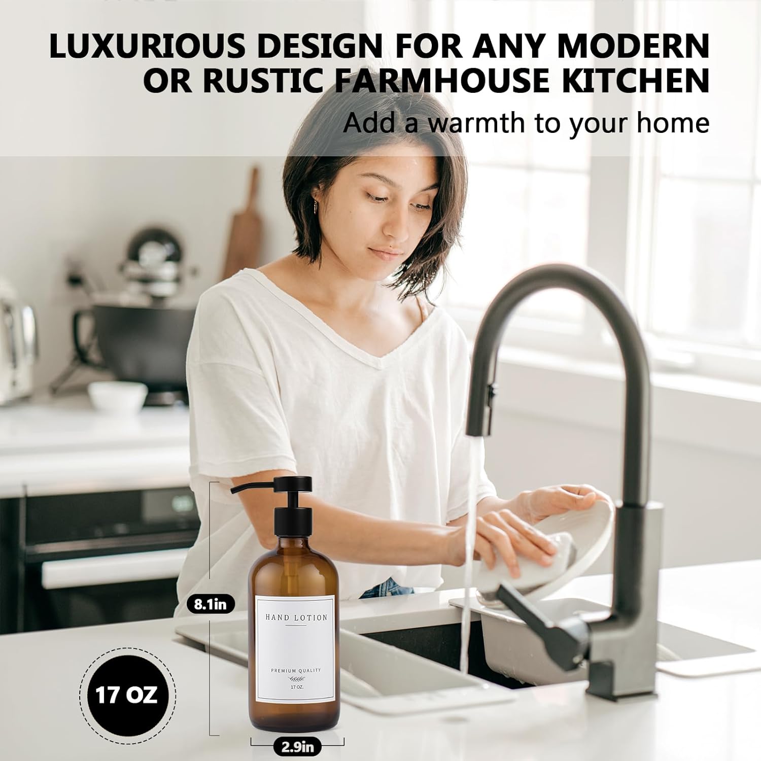 Amber Glass Soap Dispenser - Dish Hand Soap Dispenser for Kitchen, Bathroom Soap Lotion Dispenser