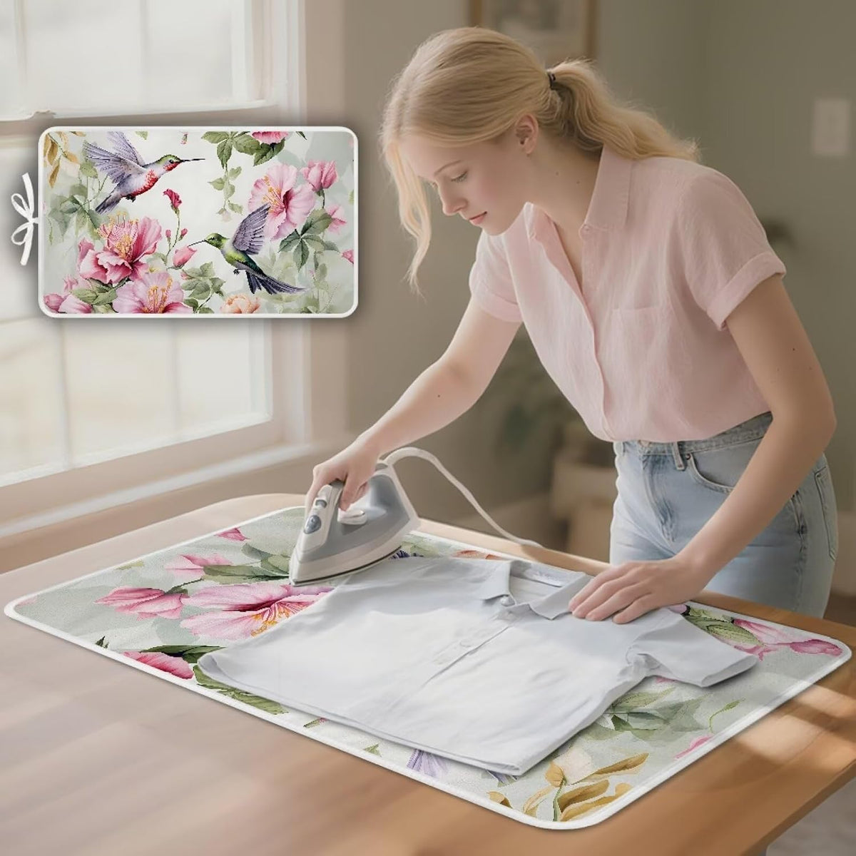 Hummingbird Ironing Mat for Table top Washer,Dryer,Countertop,Floral Print Portable Iron Pad