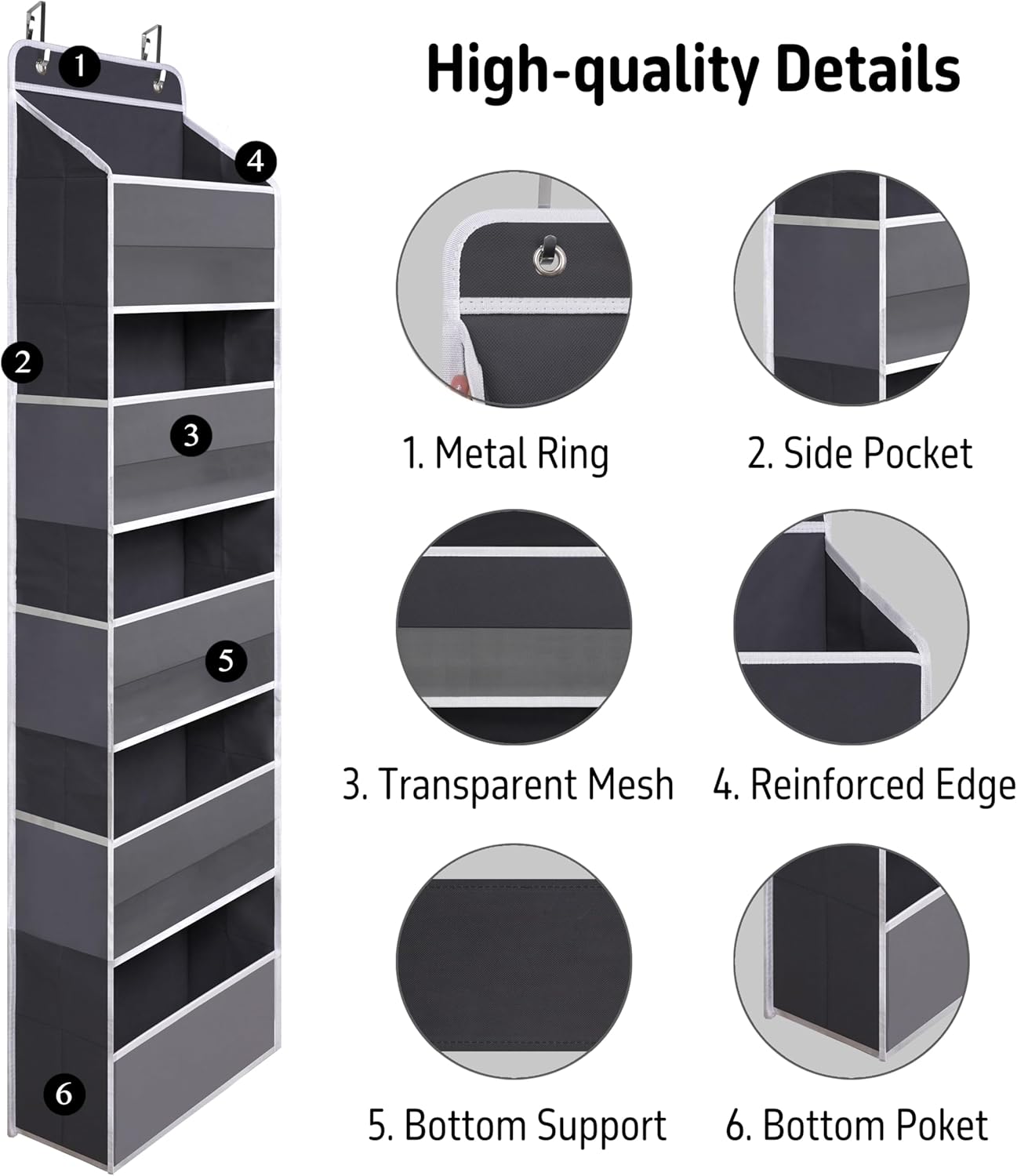 Over Door Organizer with 5 Large Pockets, Heavy Duty Hanging Organizer Storage, Closet Bathroom