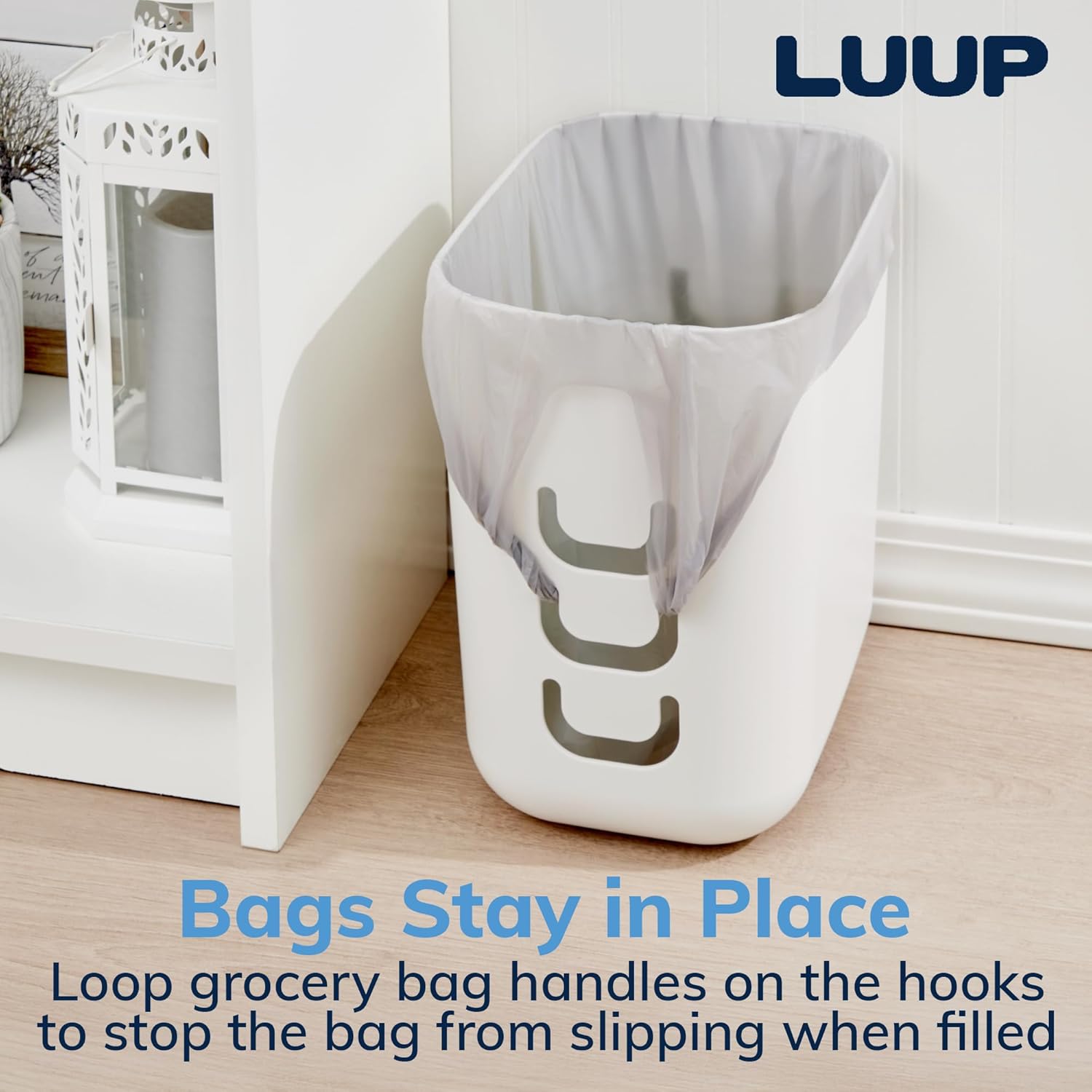 STORi Luup Bathroom Wastebasket, Secure Grocery Bags, Plastic Garbage Container for Vanity, Laundry