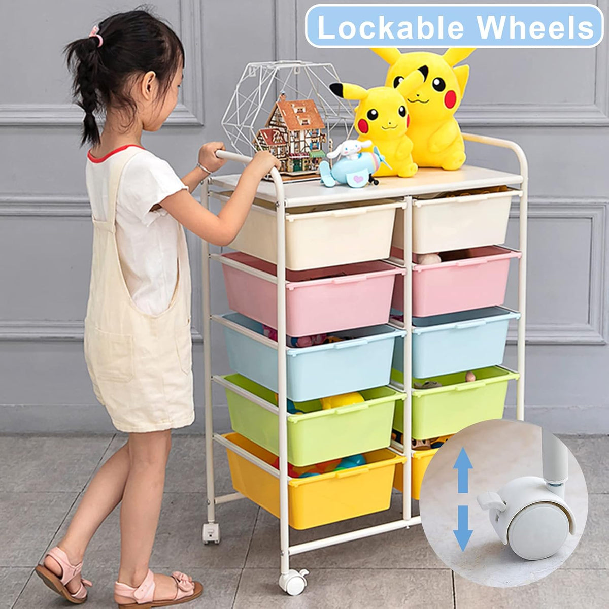 Rolling Cart with 10 Drawers, Plastic Drawer Cart with Metal Frame, Multipurpose Art Craft Cart