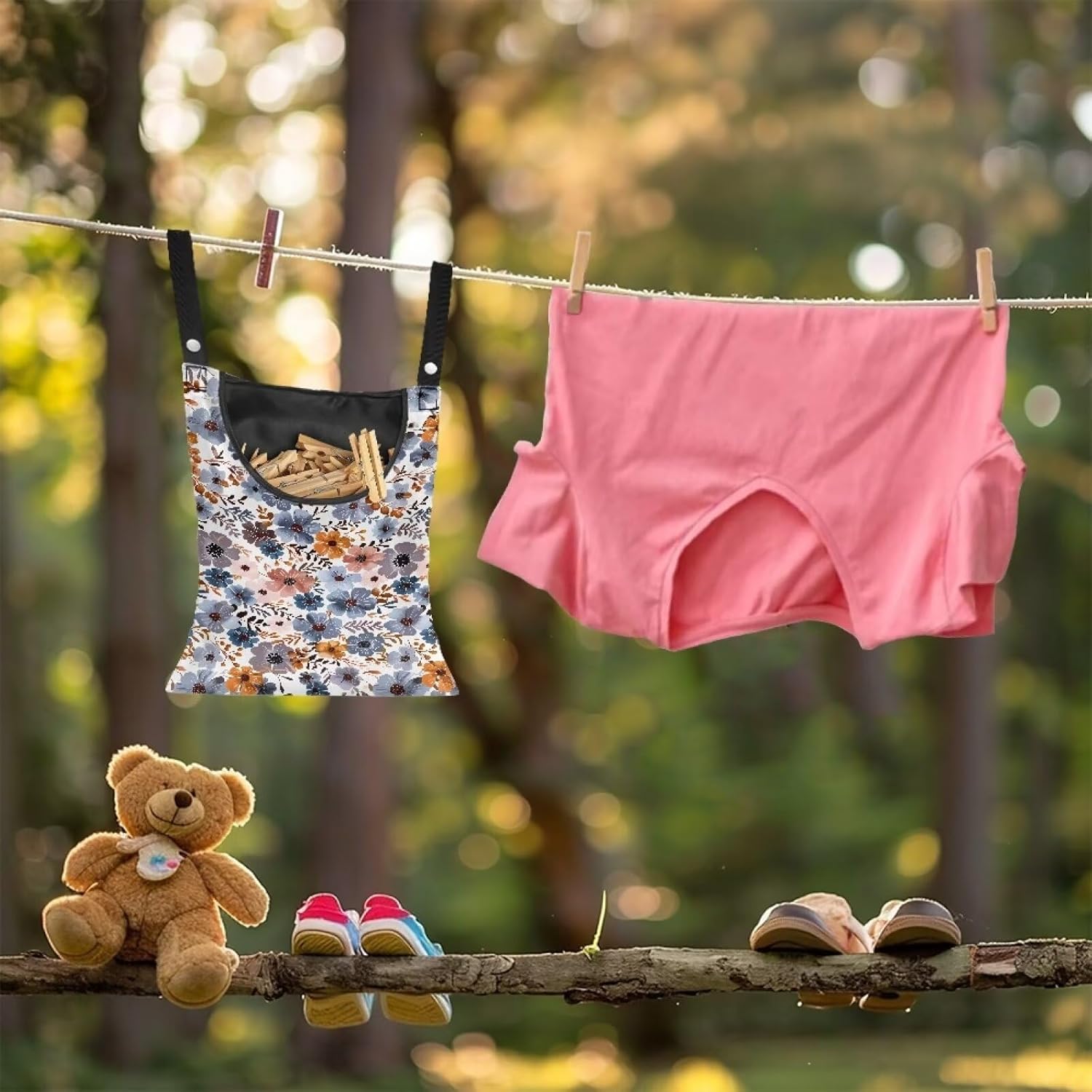 Blue Flowers Clothespin Organizer Bag Hanging Laundry Bag Portable Clothespin Storage with Hanger