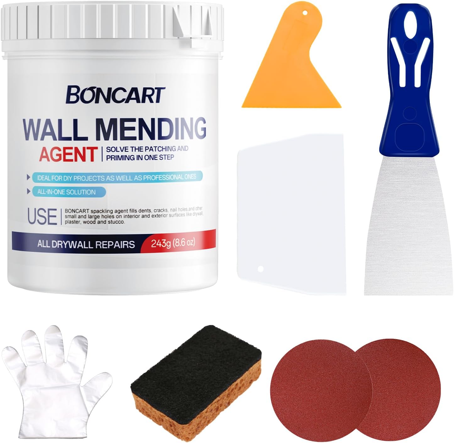 8.6oz Drywall Patch Repair Kit - Professional All-in-1 Tool Set (Scrapers/Sandpaper/Texture