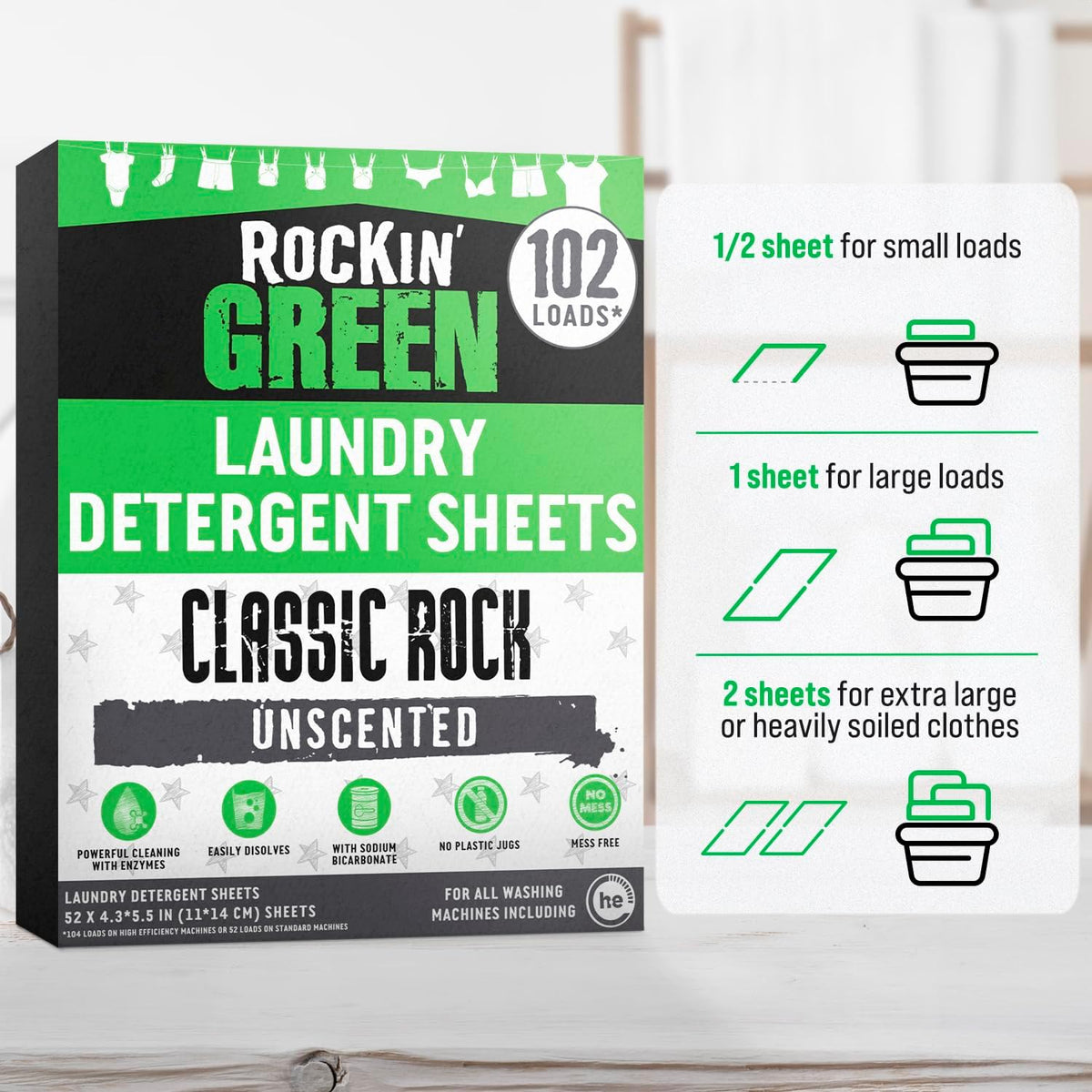 Rockin' Green Travel Laundry Detergent Sheets Unscented - Mess-Free Laundry Sheets Detergent