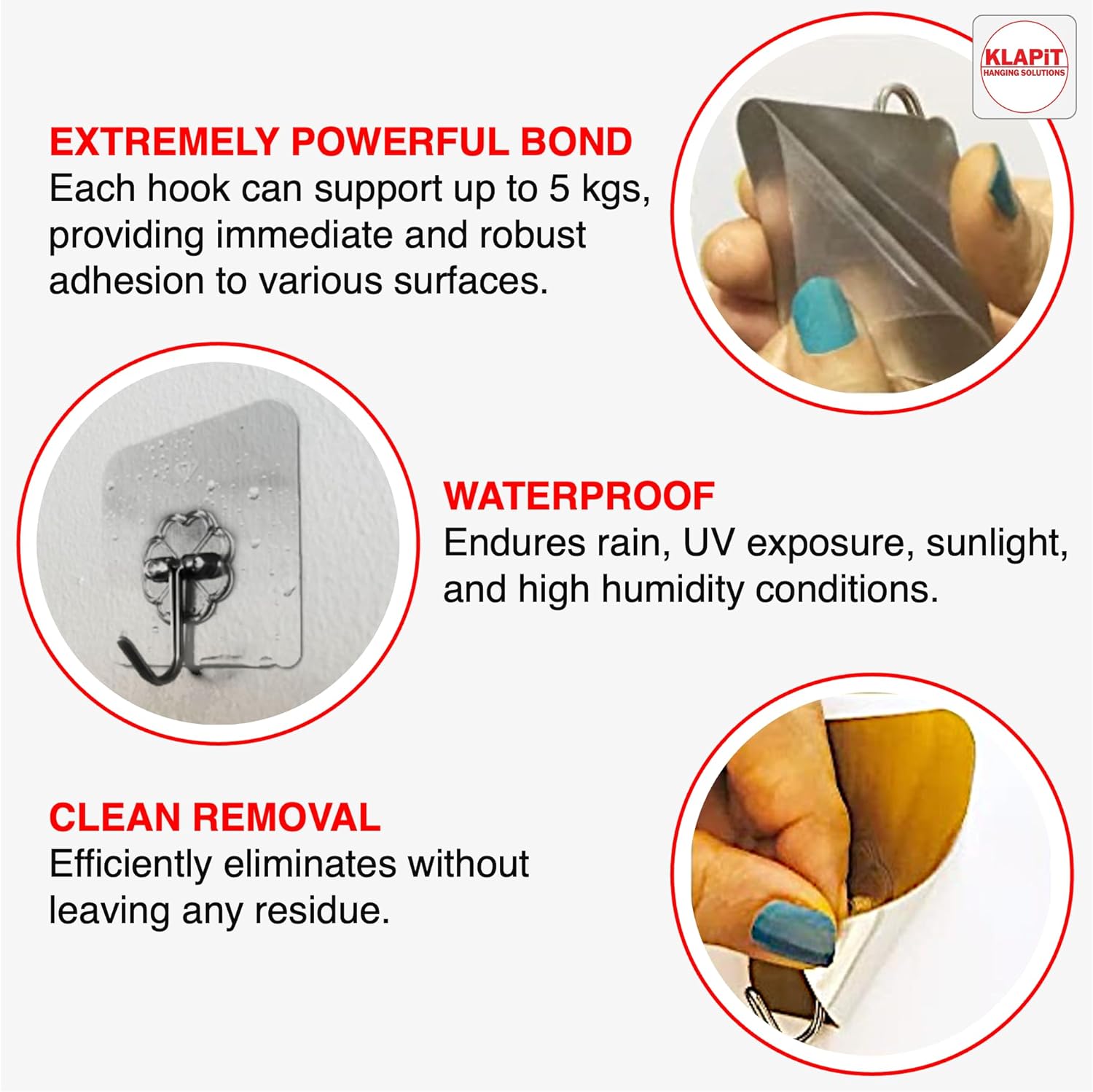 KLAPiT Super Hook - Heavy-Duty Adhesive Wall Hooks, Holds Up to 11 lbs, Waterproof, No Damage, Easy