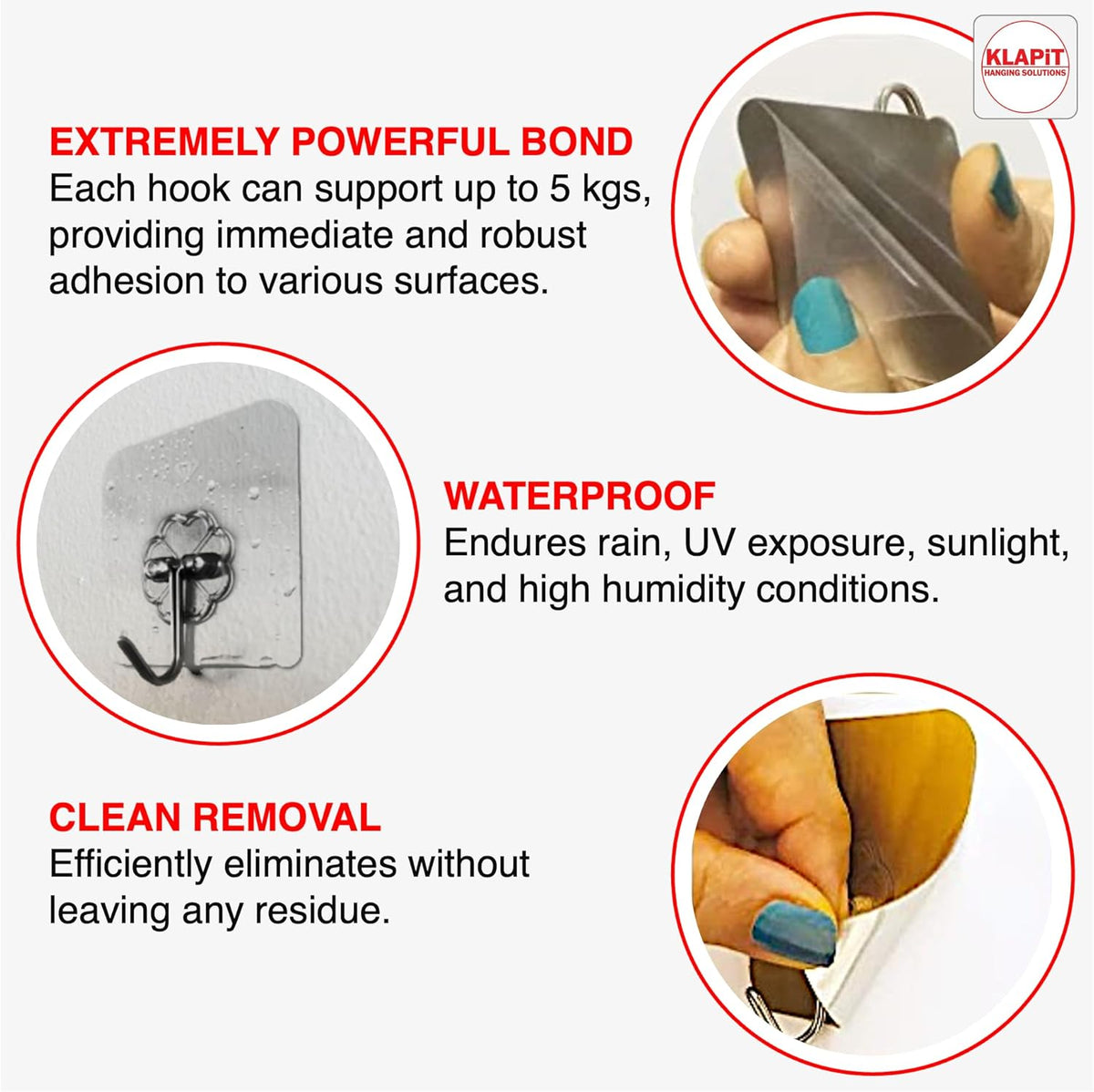 KLAPiT Super Hook - Heavy-Duty Adhesive Gold Wall Hooks, Holds Up to 11 lbs, Waterproof, No Damage