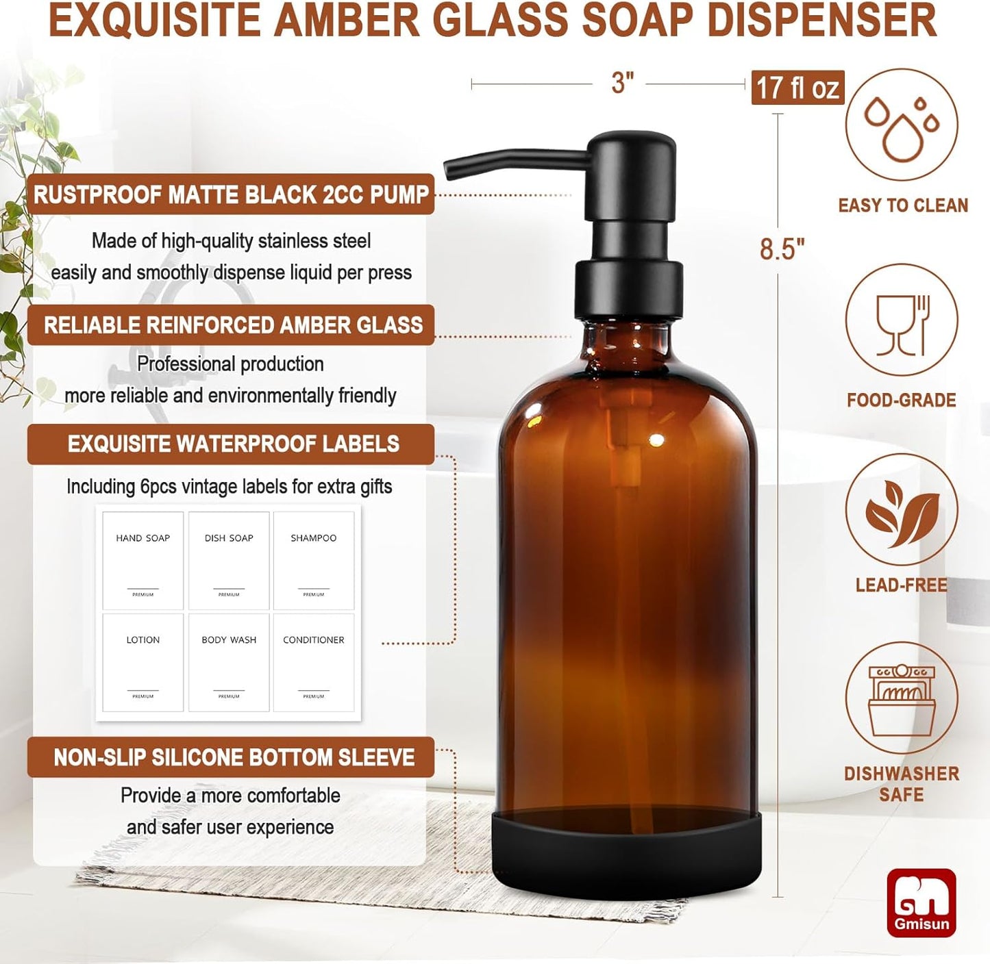 GMISUN Amber Glass Soap Dispenser with Silicone Sleeve Boot, 2 Pack Bathroom Hand Soap Dispensers