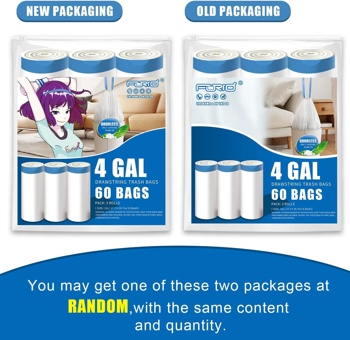 FORID Small Drawstring Trash Bags - 4 Gallon Plastic Garbage Bags White Unscented Can Liners 60