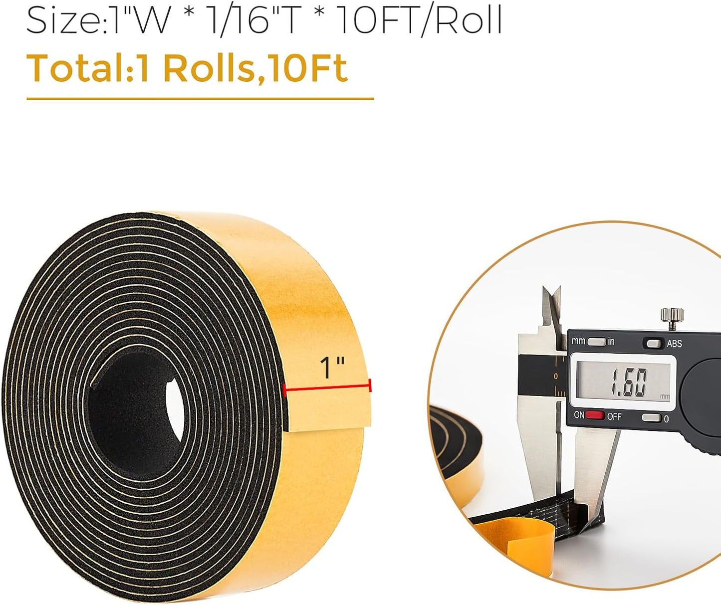 10 Feet Weather Stripping Door Seal, 1" Wide X 1/16" Thick Door Seal Strip High Density Foam Tape