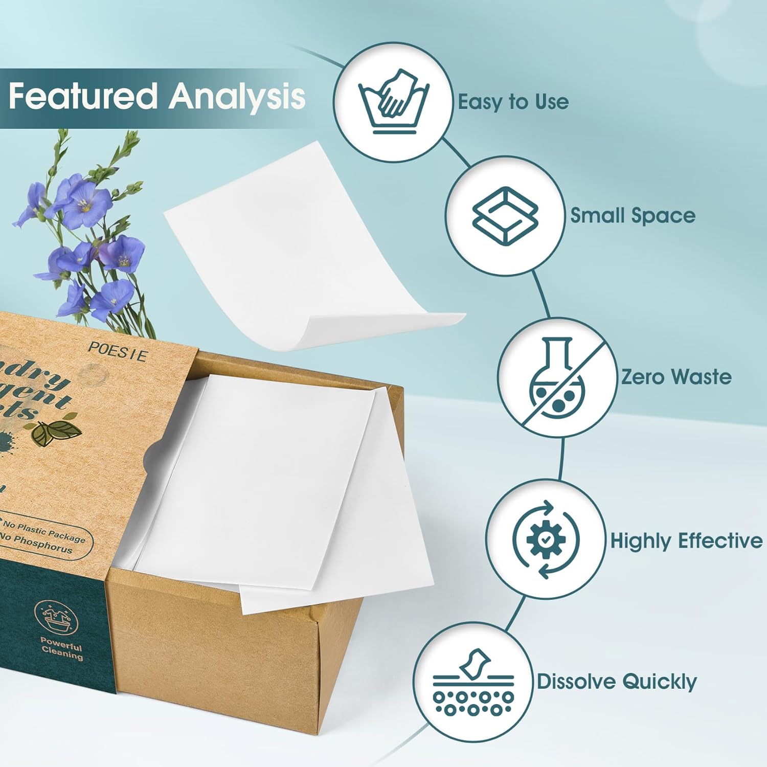 Poesie Laundry Detergent Sheets Fresh Linen Scent 160 Sheets 80 Large Loads Plastic Free Fast