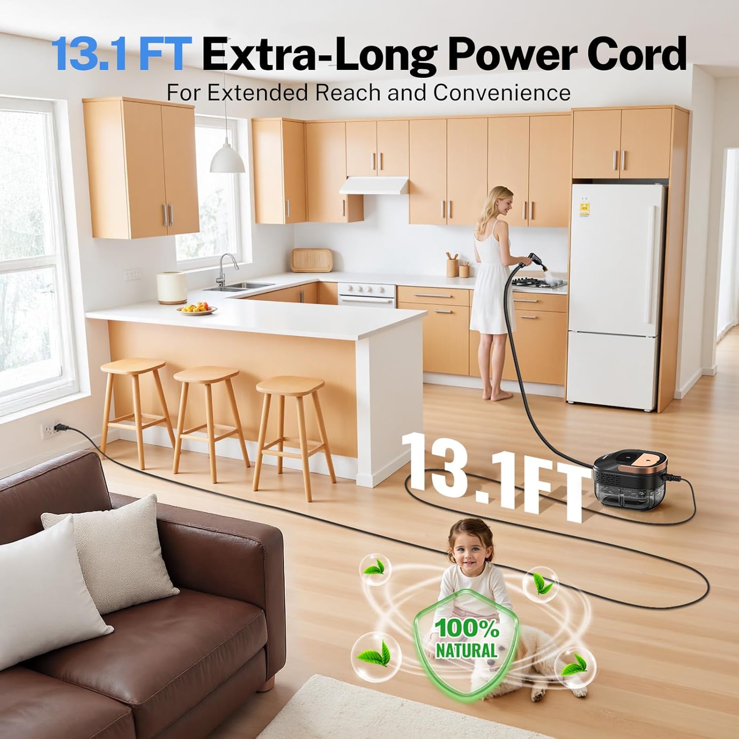 ODSD Steam Cleaner for Home & Car, 3-Level Adjustable Steamer for Cleaning, 15s Heat-Up & 1.6L
