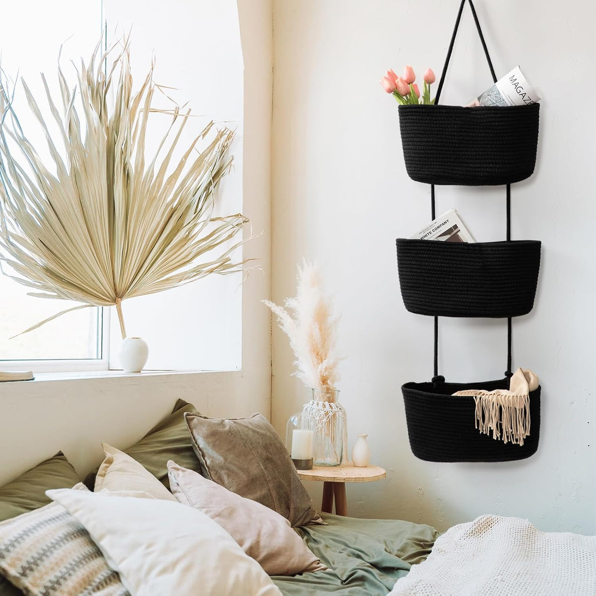 TeoKJ Over the Door Organizer, 3-Tier Woven Cotton Hanging Kitchen Baskets Storage Organizer Bag