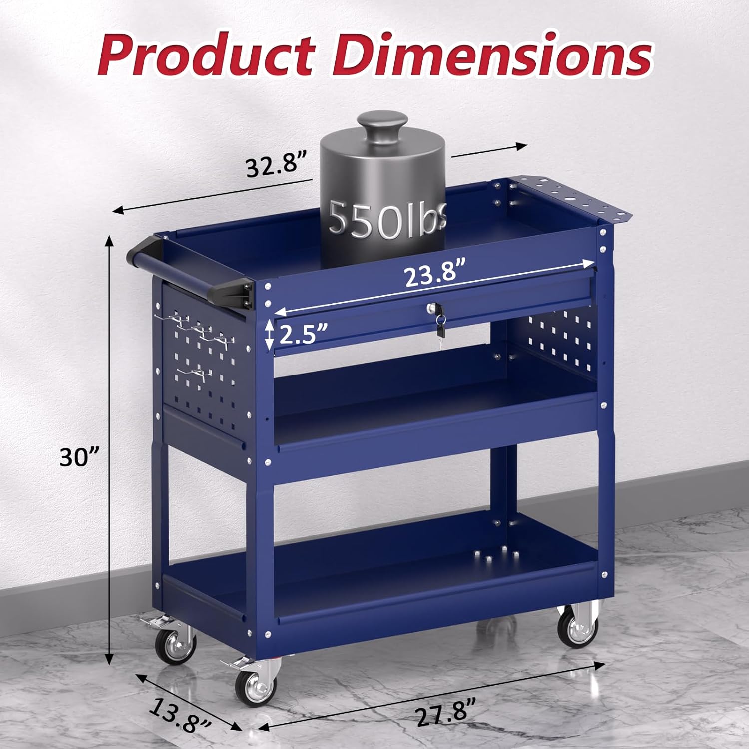 3 Tier Rolling Tool Cart on Wheels, Heavy Duty Service Cart Industrial Utility Cart with Drawer and