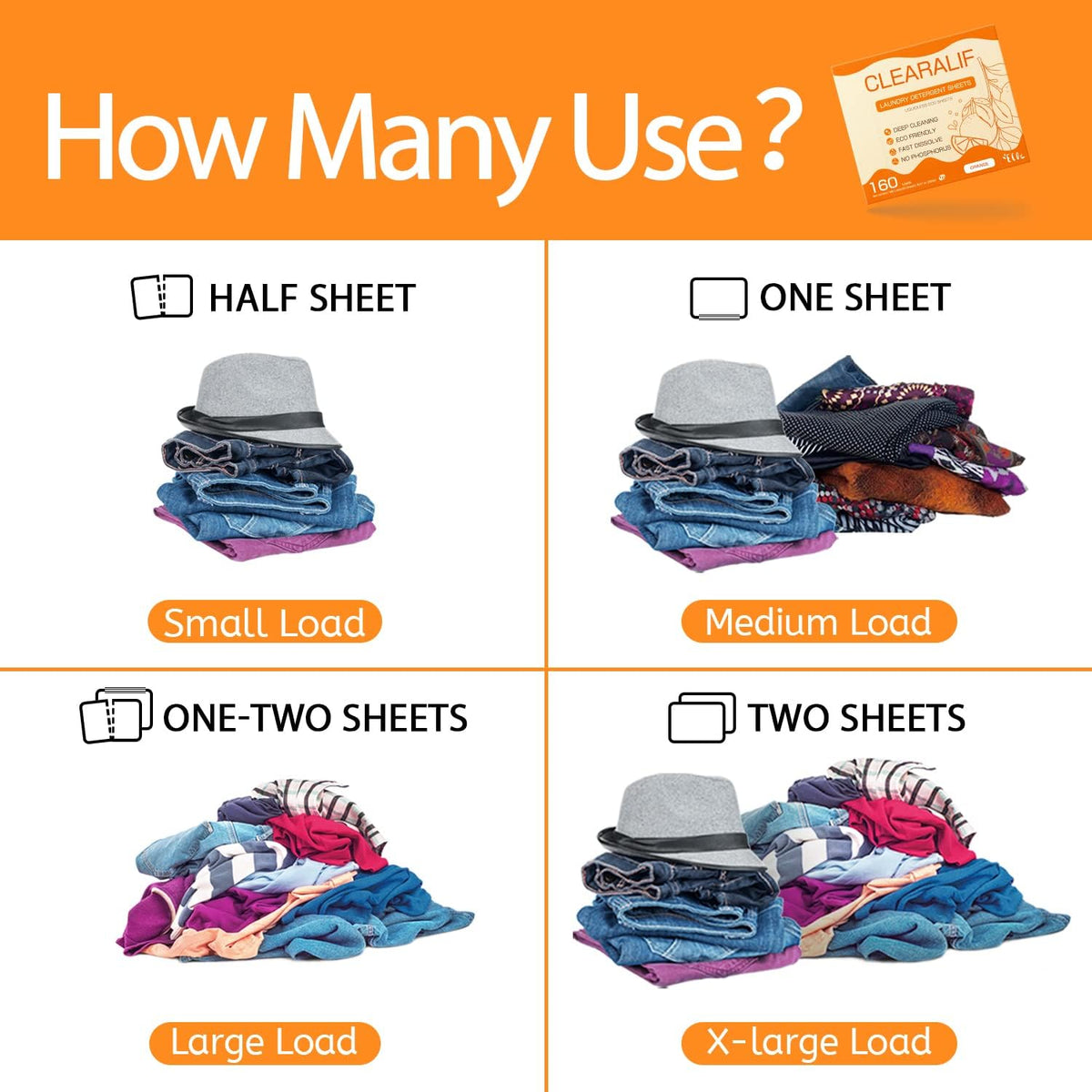 CLEARALIF Laundry Detergent Sheets Up to 160 Loads, Orange - Great For Travel, Apartments