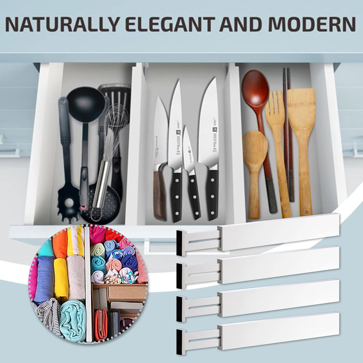 4 Pack Bamboo Drawer Dividers, Adjustable Length from 12 Inch to 17 Inch, Expandable Kitchen Drawer